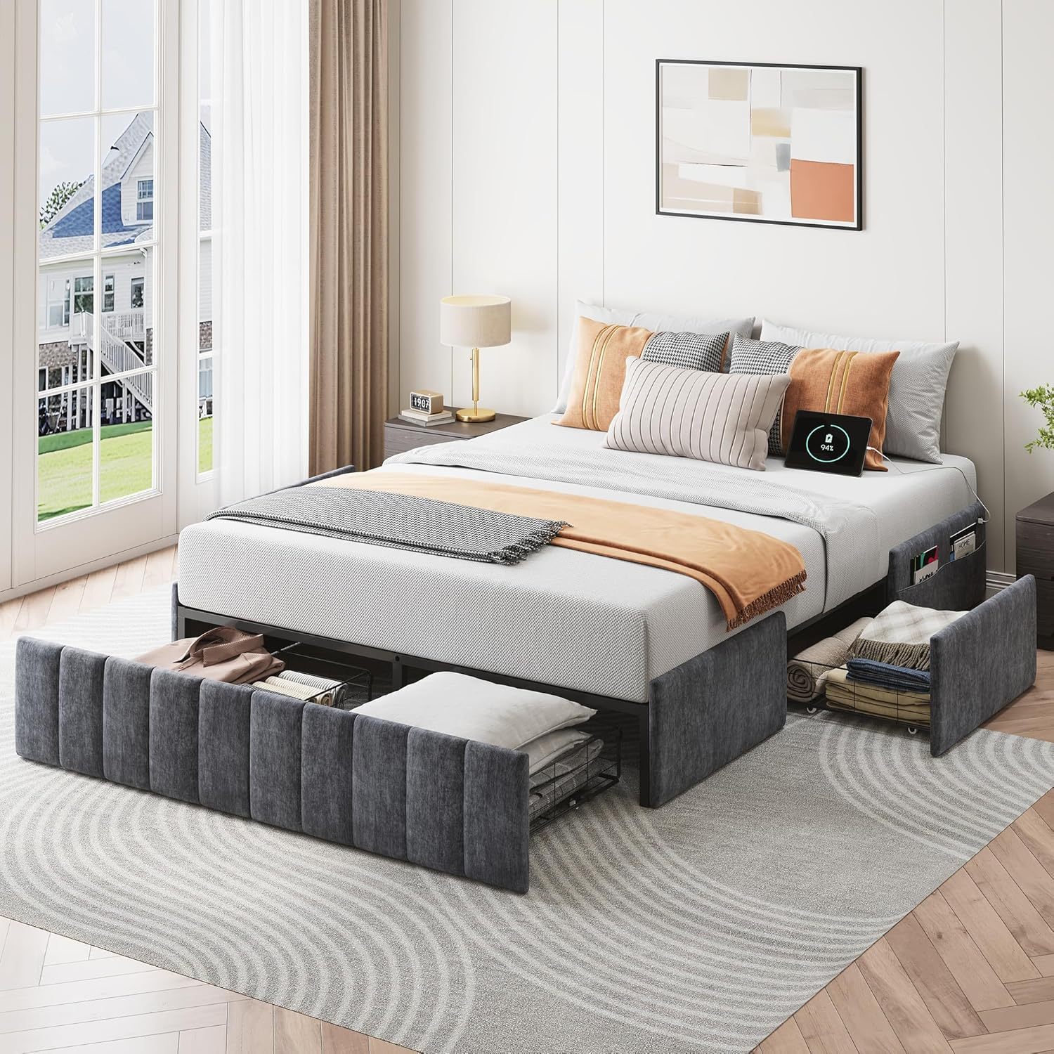 Queen Bed Frame with 4 Storage Drawers & Charging Station, Heavy Duty Wood Beds for Dorms Apartment, Easy Assembly Gray Bed with 1000lbs Capacity, No Box Spring Needed, Noise Free