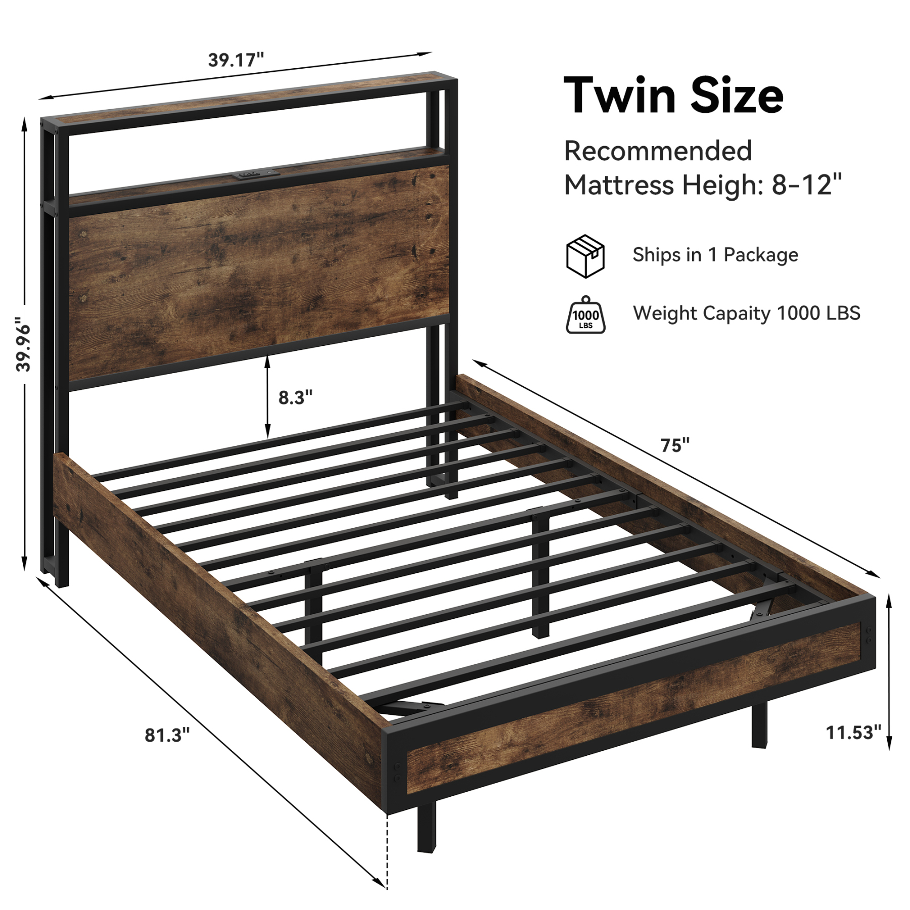 Sailvan Bed Frame, Platform Bed Frame with Headboard and Storage Shelves, LED Light with Metal Slats, Outlets & USB, Dark Brown, Mattress Not Included