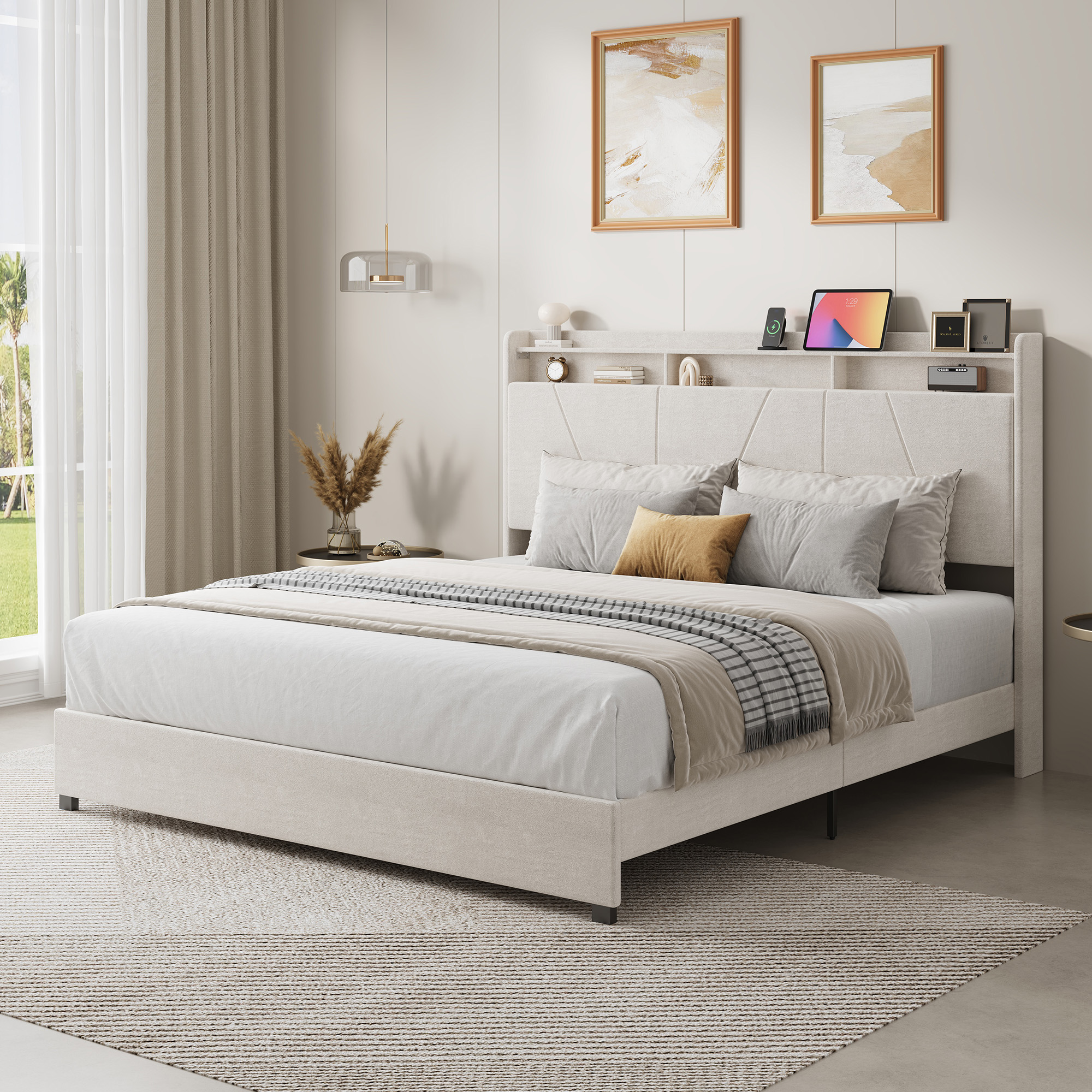 Sailvan Queen Size Bed Frame Upholstered Platform Queen Size Bed Frame with 52" Velvet Tall Headboard Wingback,No Box Spring Needed, Noise Free/Easy Assembly, Beige