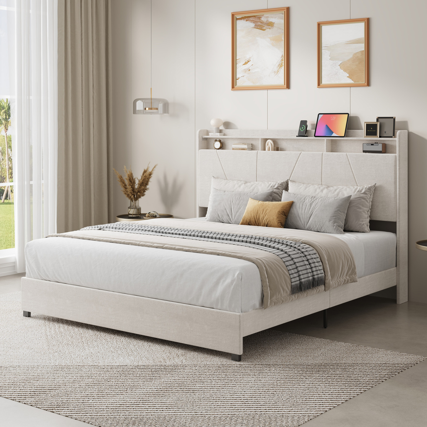 Sailvan Queen Size Bed Frame Upholstered Platform Queen Size Bed Frame with 52" Velvet Tall Headboard Wingback,No Box Spring Needed, Noise Free/Easy Assembly, Beige