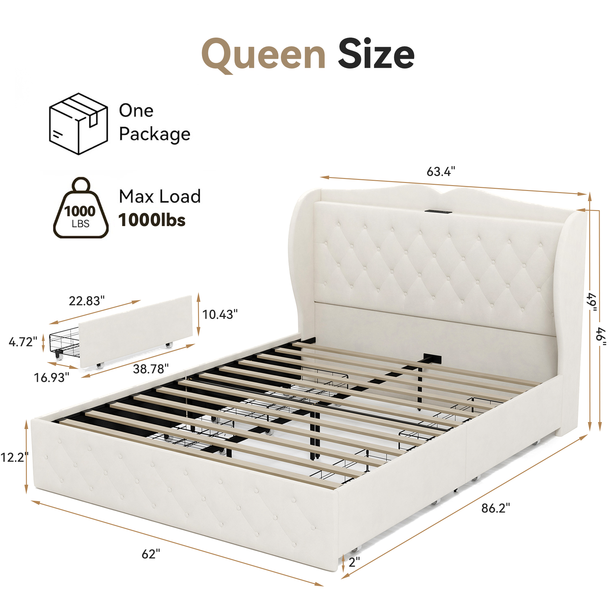 Sailvan Queen Bed Frame with Tall Wingback Headboard,Upholstered Platform Bed Frame with Charging Station, 4 Storage Drawers, Button Tufted, Easy Assembly, No Box Spring Needed, Beige