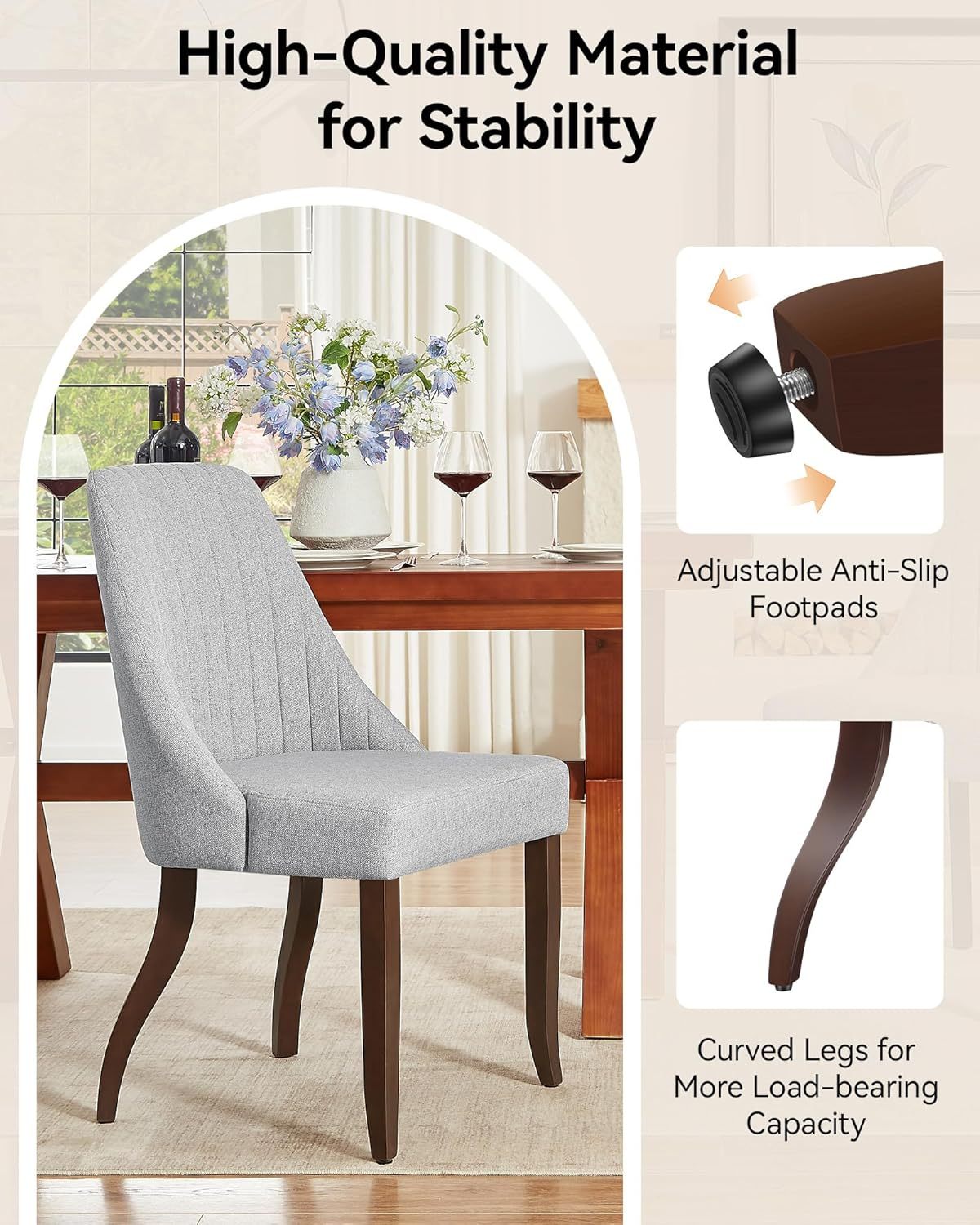 Upholstered Dining Chairs Set of 6, Modern Fabric 6 PCS Dining Room Chairs for Kitchen & Living Room with Solid Wood Legs, 300lbs Capacity