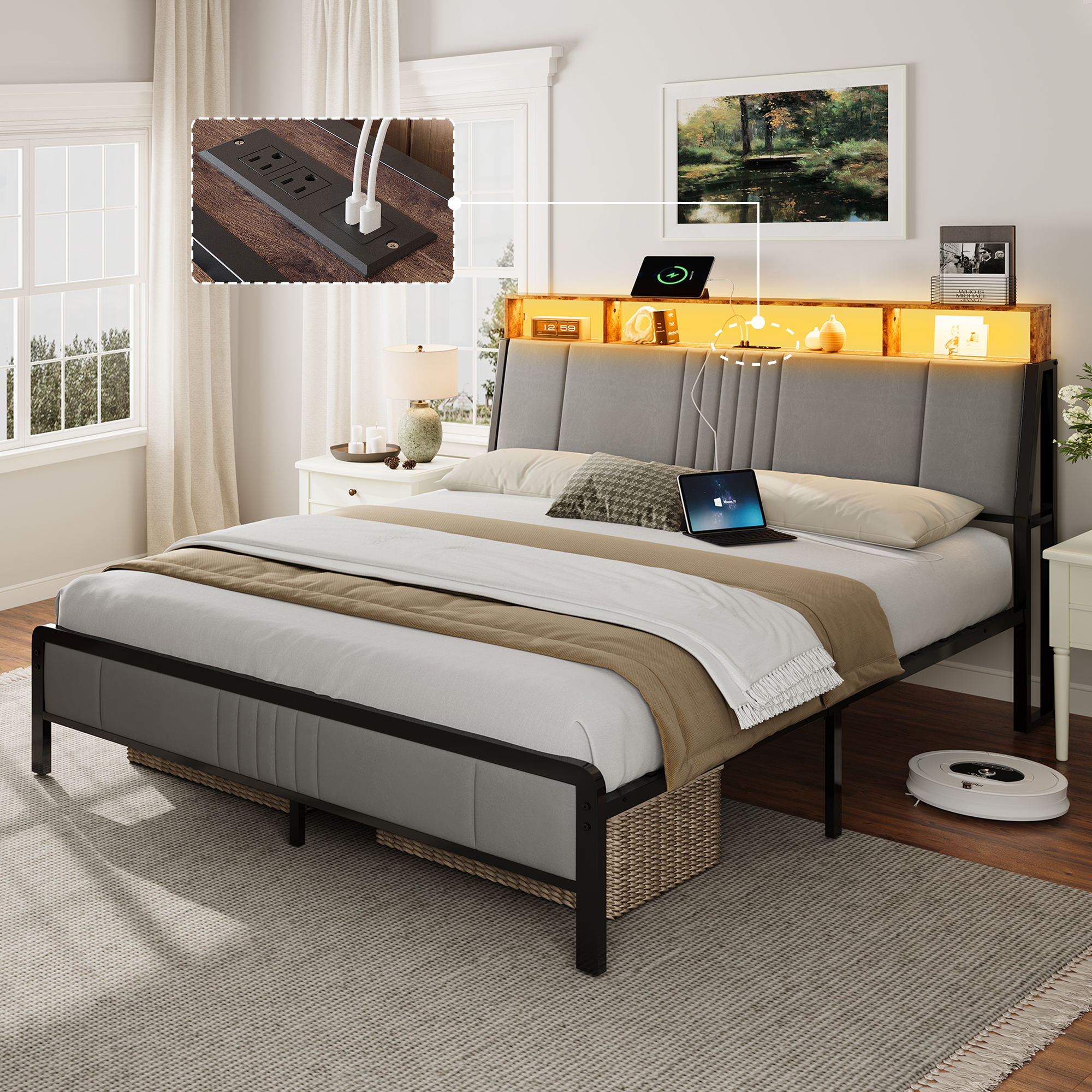 Sailvan Bed Frame with Headboard, Velvet Upholstered Platform Bed with USB Charging, LED Lights and Underbed Storage, No Box Spring Needed, Gray
