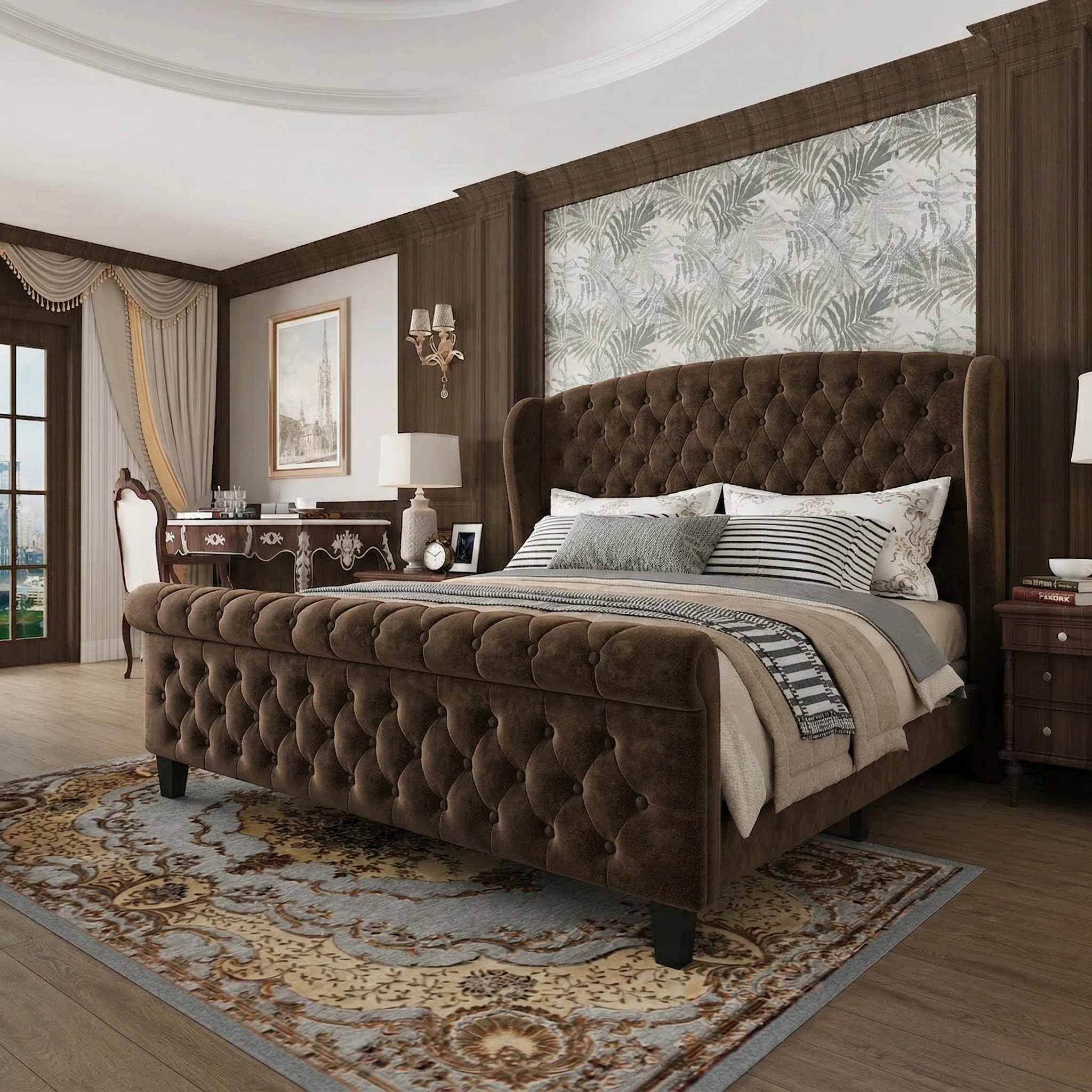 Sailvan Full Platform Bed Frame,Chenille Upholstered Sleigh Bed Frame Full with Rolling Headboard, Button Tufted/No Box Spring Required