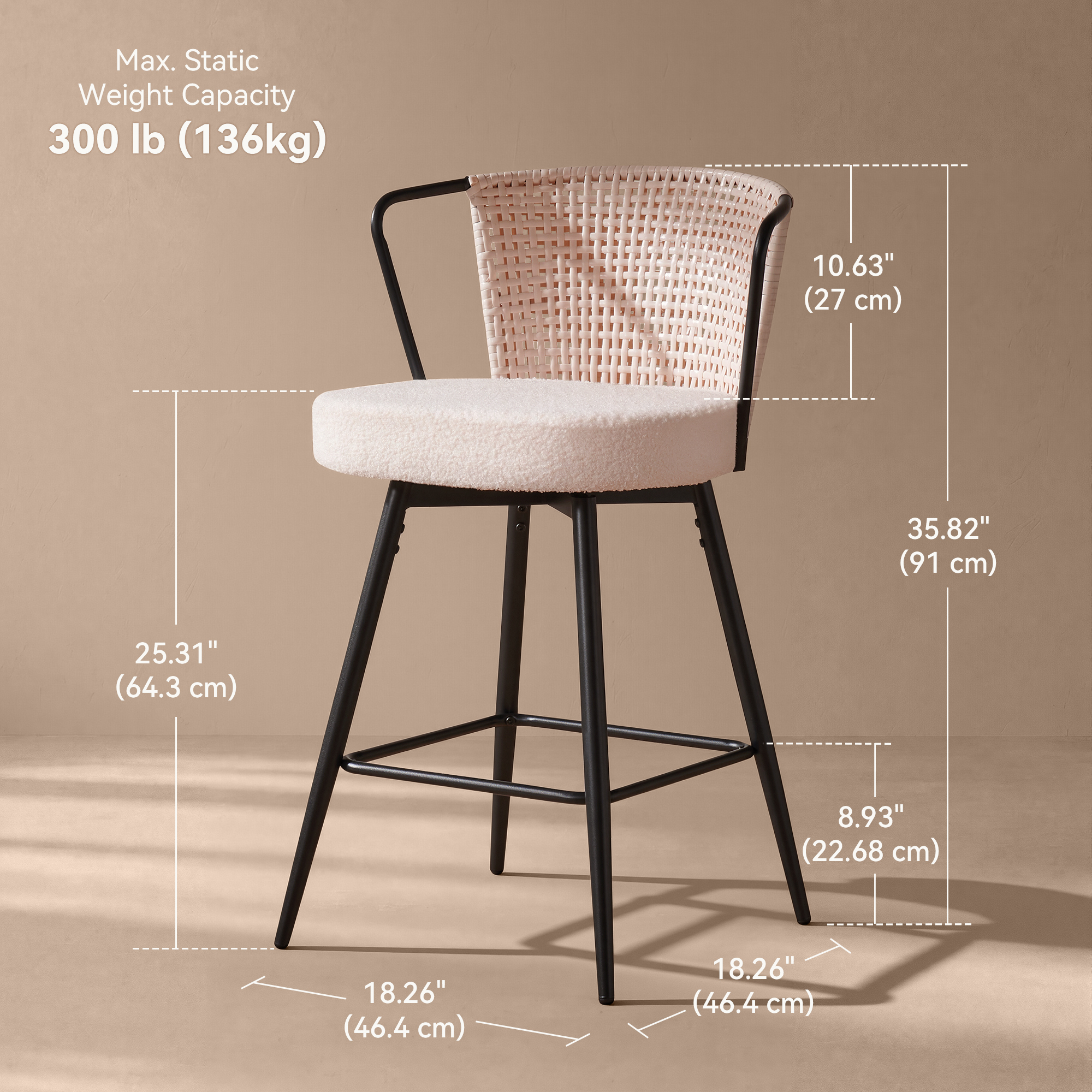 Sailvan Swivel Bar Stool Set, 35.8" Rattan Counter Height Bar Chairs with Back & Footrest, Modern Upholstered Counter Stools for Kitchen Island, Easy Assembly, Beige