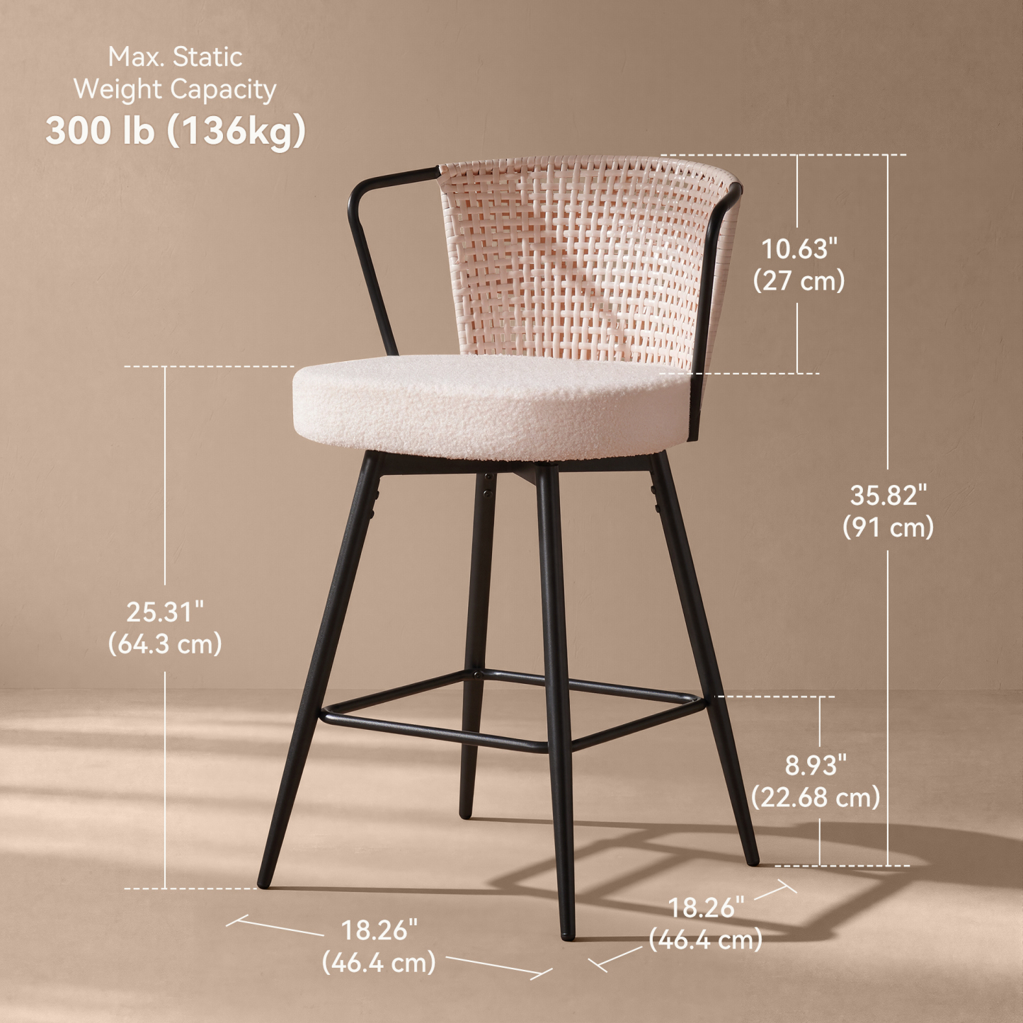 Sailvan Swivel Bar Stool Set, 35.8" Rattan Counter Height Bar Chairs with Back & Footrest, Modern Upholstered Counter Stools for Kitchen Island, Easy Assembly, Beige