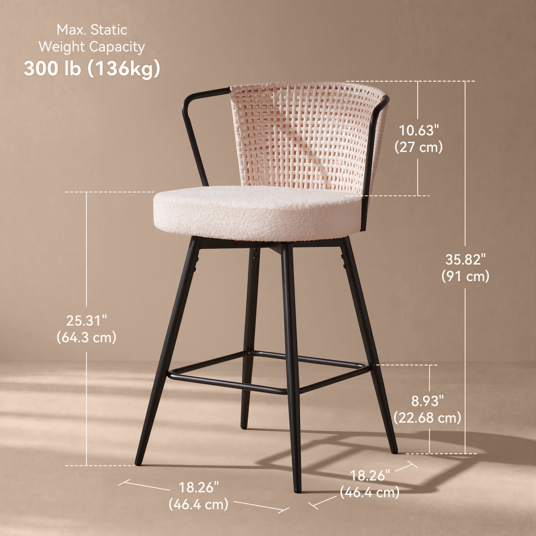 Sailvan Swivel Bar Stool Set, 35.8" Rattan Counter Height Bar Chairs with Back & Footrest, Modern Upholstered Counter Stools for Kitchen Island, Easy Assembly, Beige