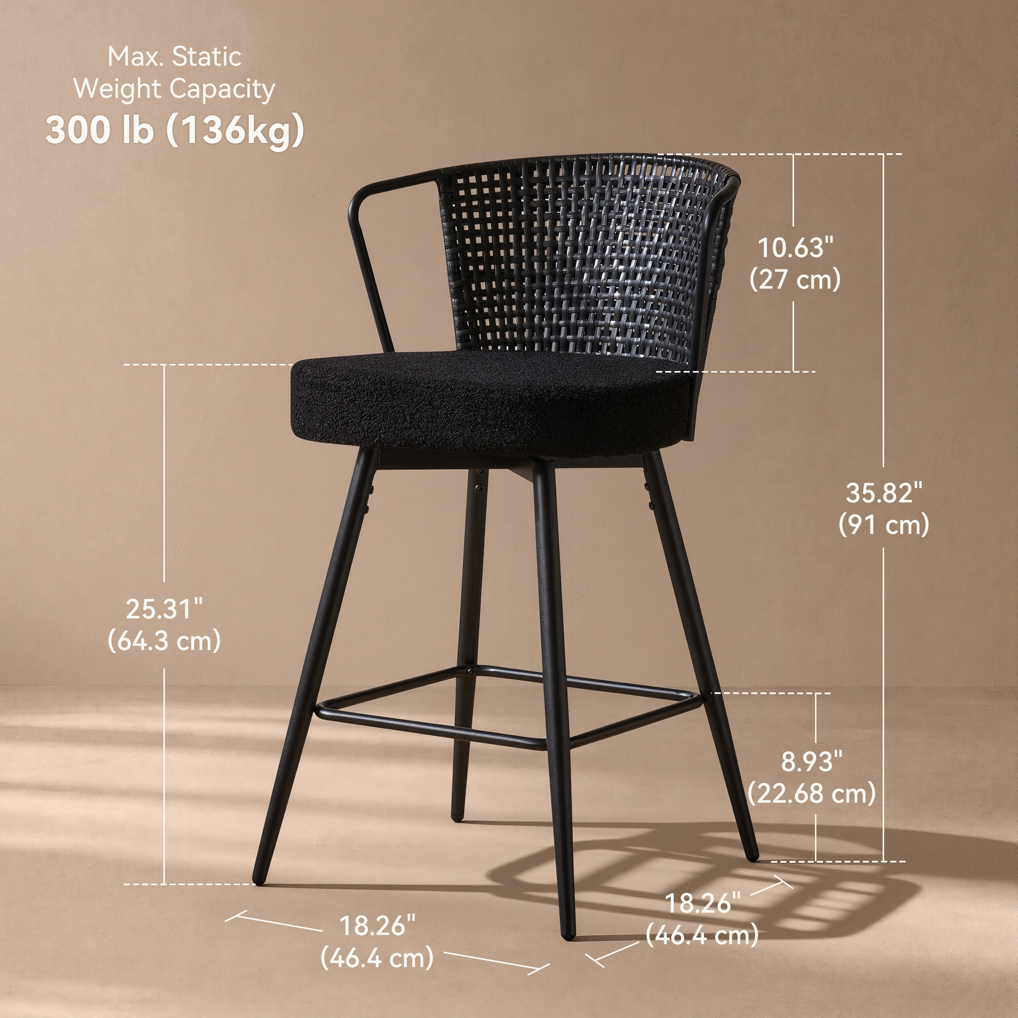 Sailvan Swivel Bar Stool Set, 35.8" Rattan Counter Height Bar Chairs with Back & Footrest, Modern Upholstered Counter Stools for Kitchen Island, Easy Assembly, Black