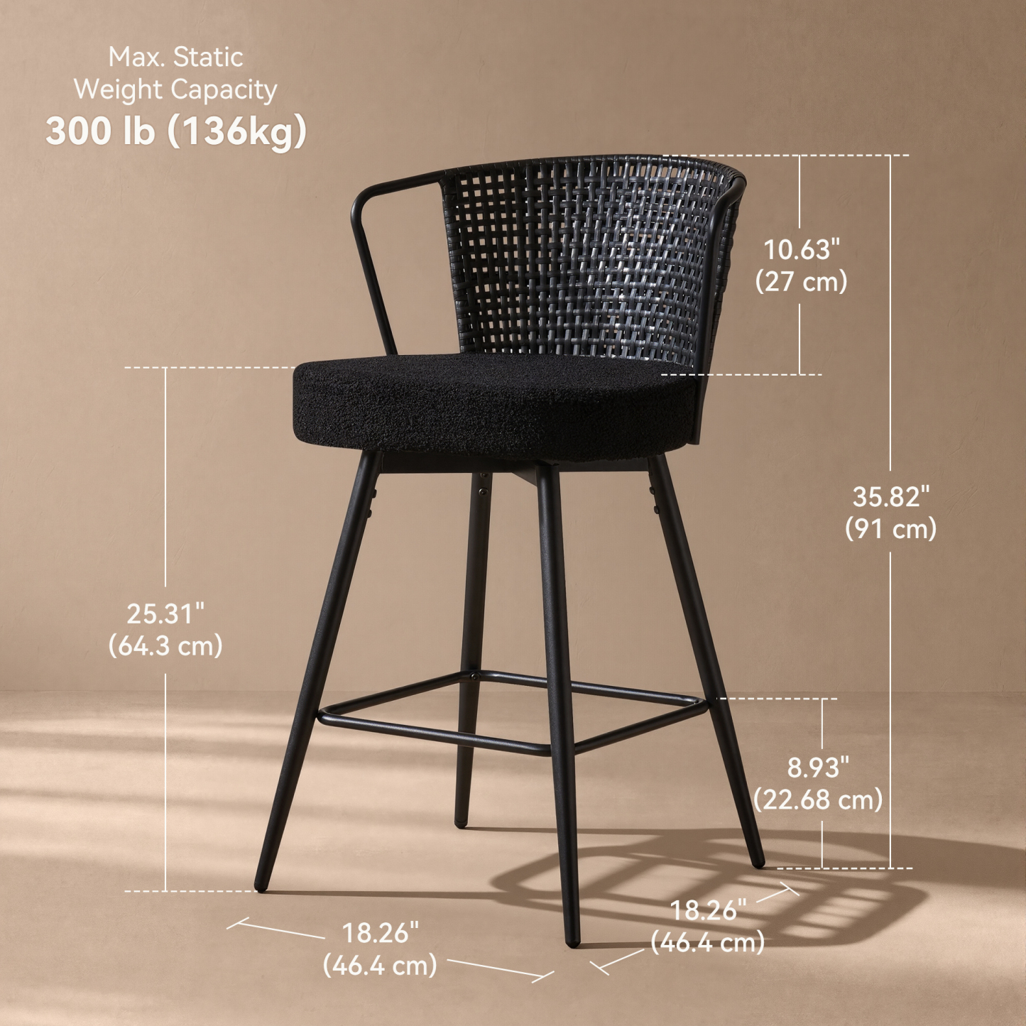 Sailvan Swivel Bar Stool Set, 35.8" Rattan Counter Height Bar Chairs with Back & Footrest, Modern Upholstered Counter Stools for Kitchen Island, Easy Assembly, Black