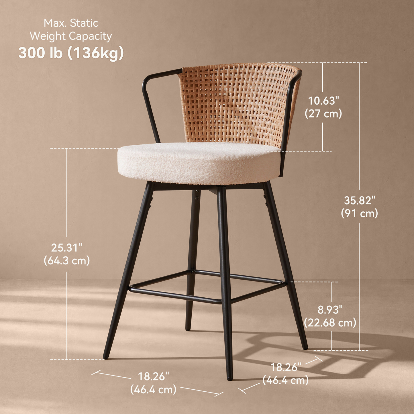 Sailvan Swivel Bar Stool Set, 35.8" Rattan Counter Height Bar Chairs with Back & Footrest, Modern Upholstered Counter Stools for Kitchen Island, Easy Assembly, Brown