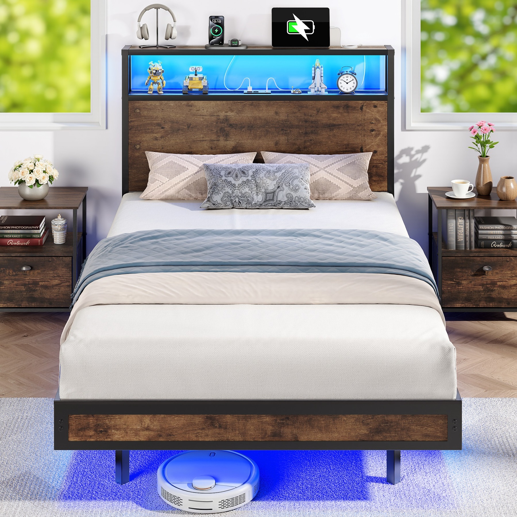  Sailvan Full Size Bed Frame with 2 LED Lights,USB Charging and Headboard,Wood and Metal Platform Bed Frame Full,2-Tier Storage Shelf,No Box Spring Needed,Brown