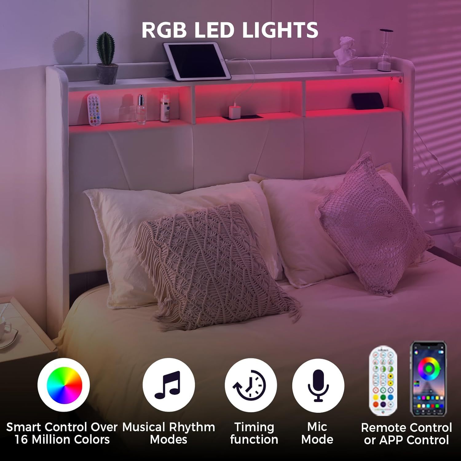 Susalt Bed Frame with Storage Headboard, Upholstered Bed Wooden Platform Bed with Drawers & RGB LED Lights