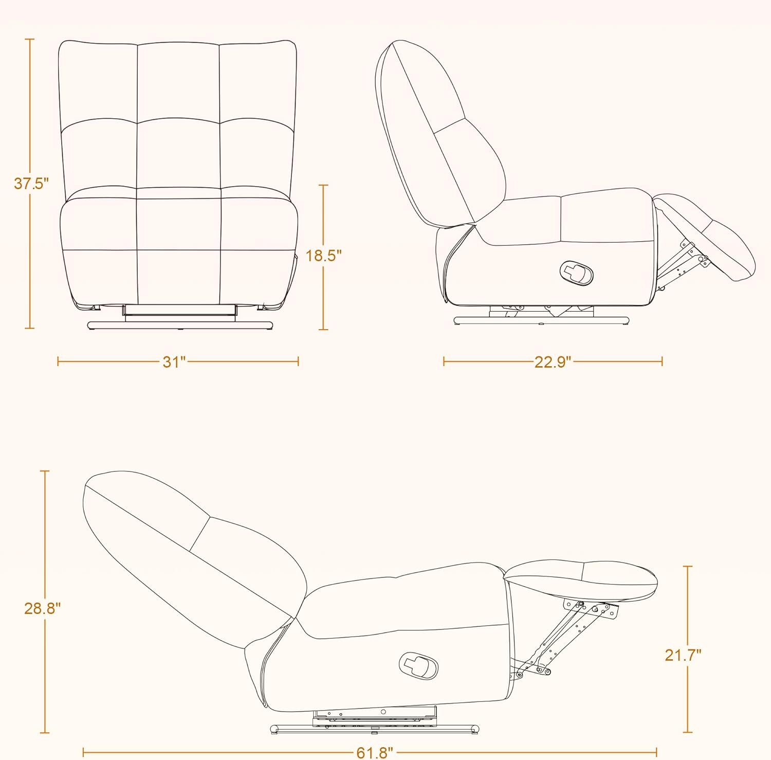 360° Swivel Recliner, Manual Glider Rocking Armless Chair with Modern Design for Lounge Living Room Office Small Spaces, 3D Mesh Fabric