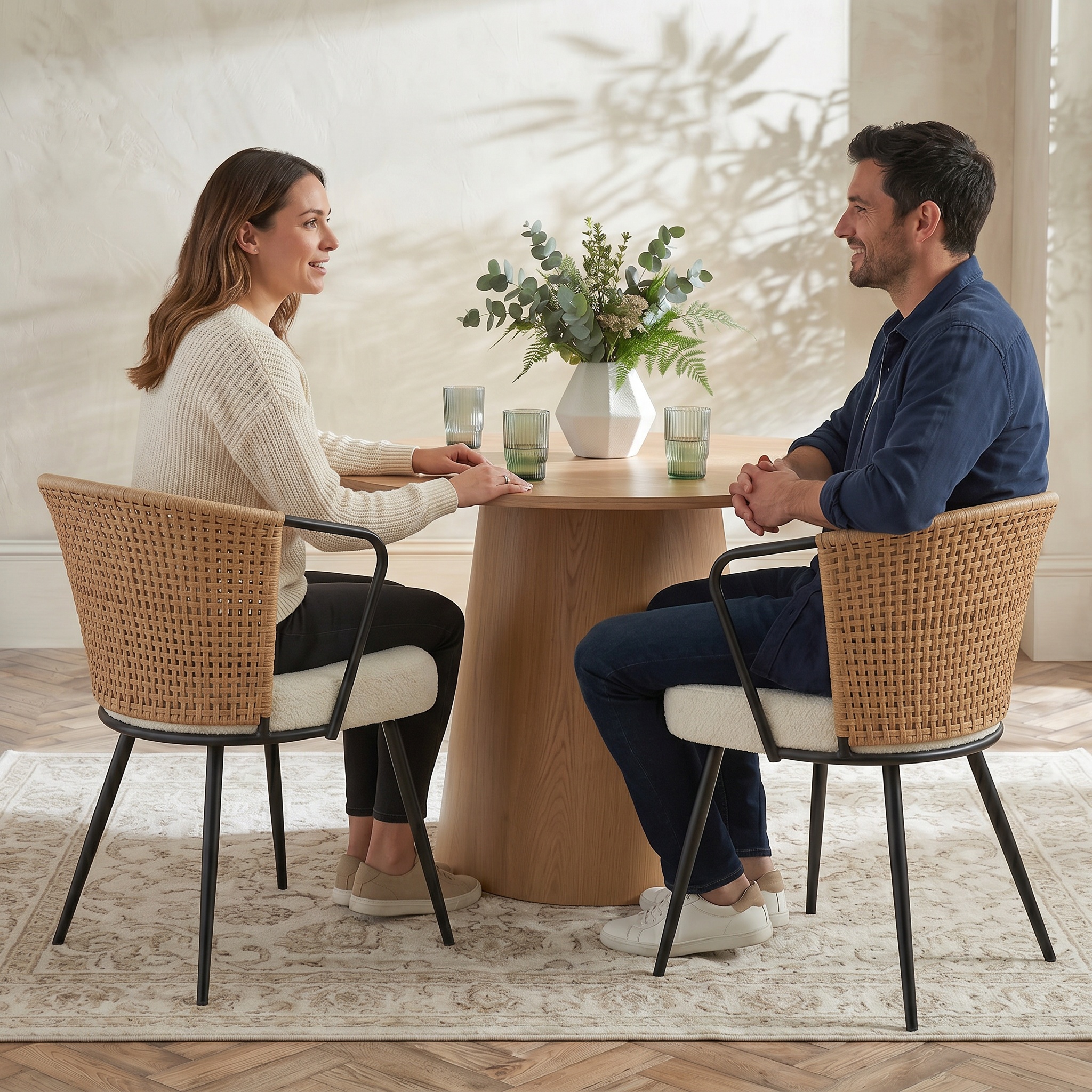 Sailvan Set of 2/4/6 Dining Chairs, Upholstered Rattan Kitchen & Dining Room Chairs with Rattan Backrest & Boucle Cushion, Farmhouse Dining Room Chair with Metal Leg