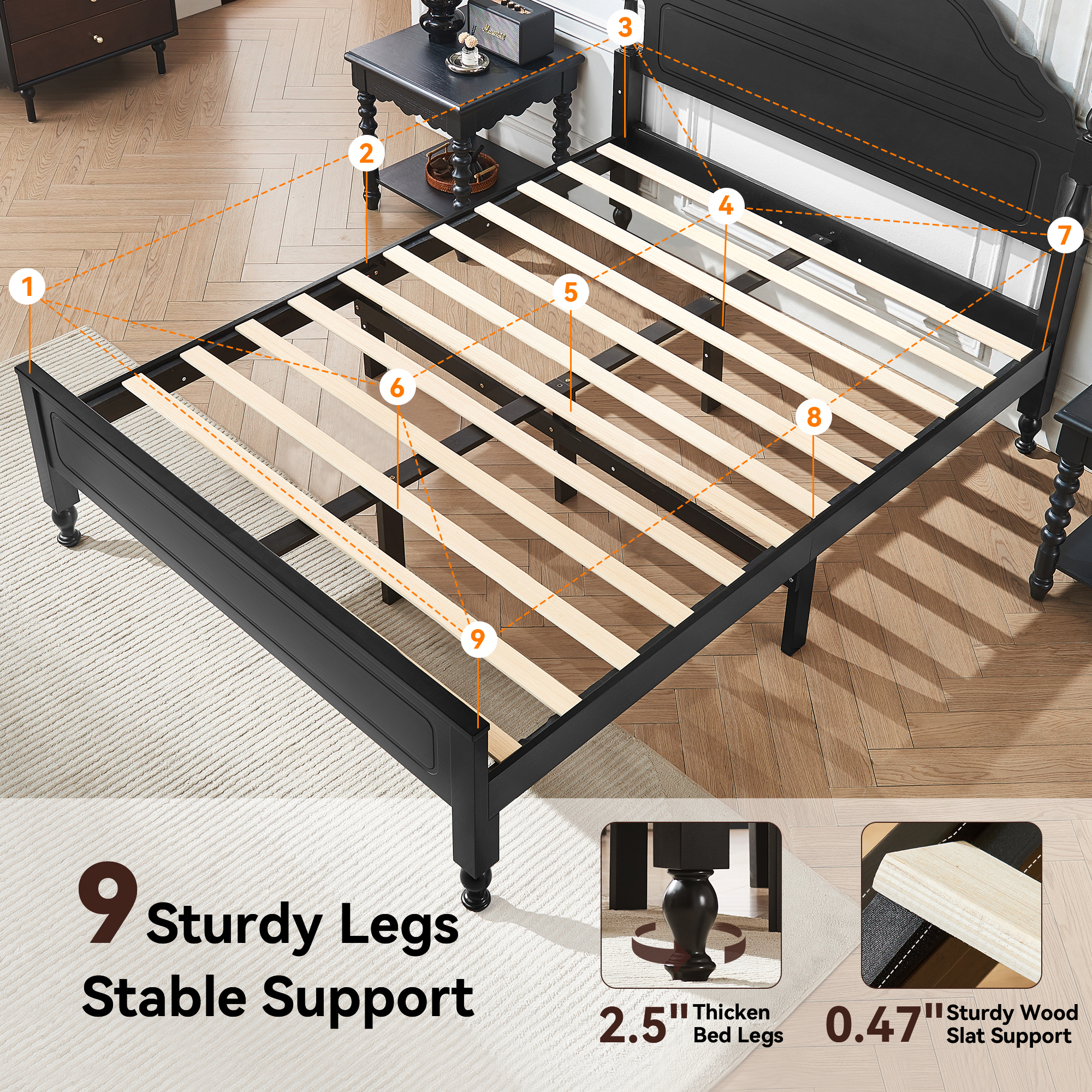 Sailvan Queen Solid Bed Frame with Headboard, Wooden Platform Bed Frame Queen Size with 12" Under Storage, No Box Spring Needed, Noise Free, 1000lbs, Black