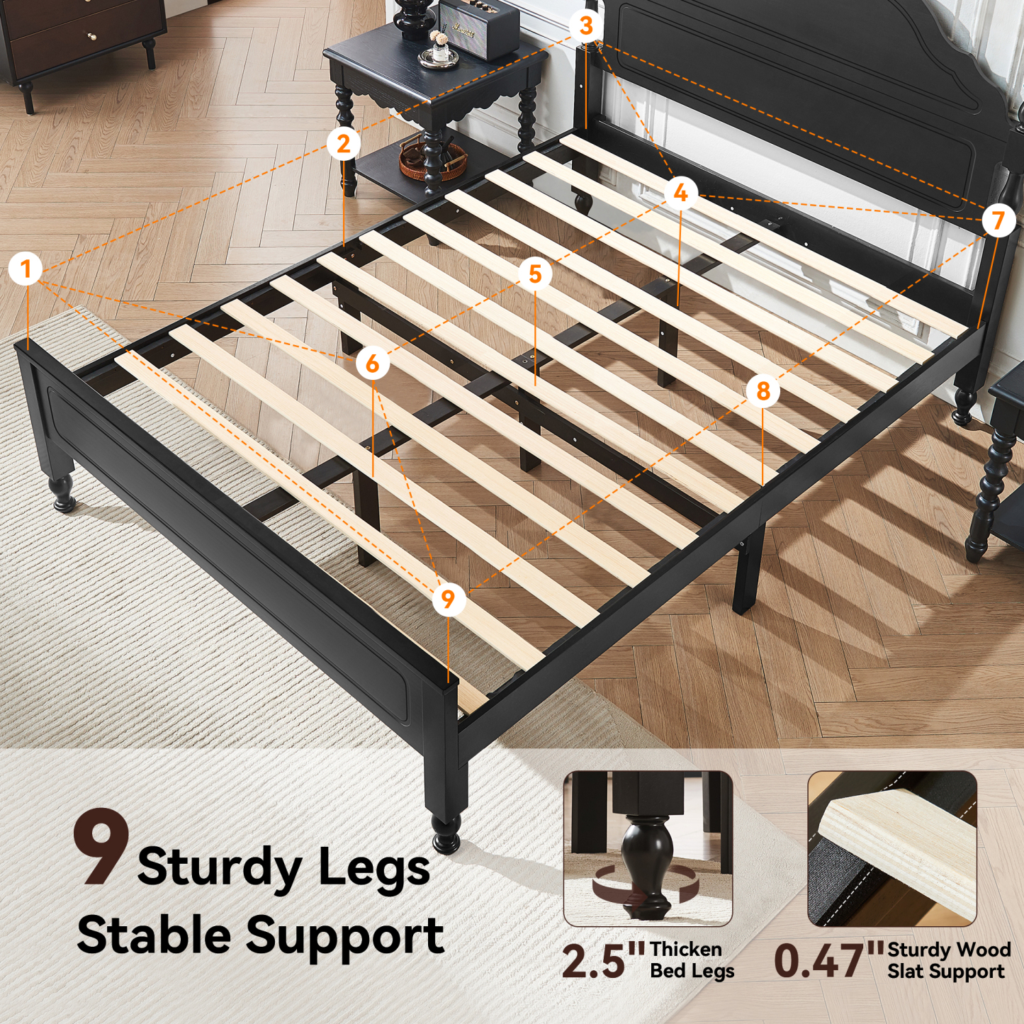 Sailvan Queen Solid Bed Frame with Headboard, Wooden Platform Bed Frame Queen Size with 12" Under Storage, No Box Spring Needed, Noise Free, 1000lbs, Black