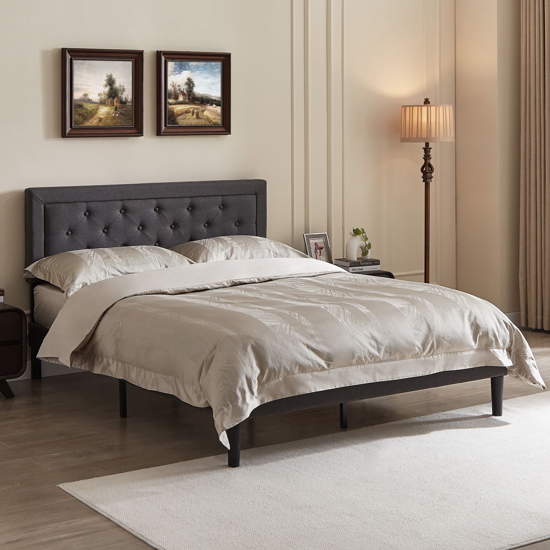 Sailvan Queen Bed Frame with Headboard, Upholstered Bed Frame with Button Tufted, Platform Bed with Wood Slat Support, Noise Free, Easy Assembly, No Box Spring Needed, Dark Gray