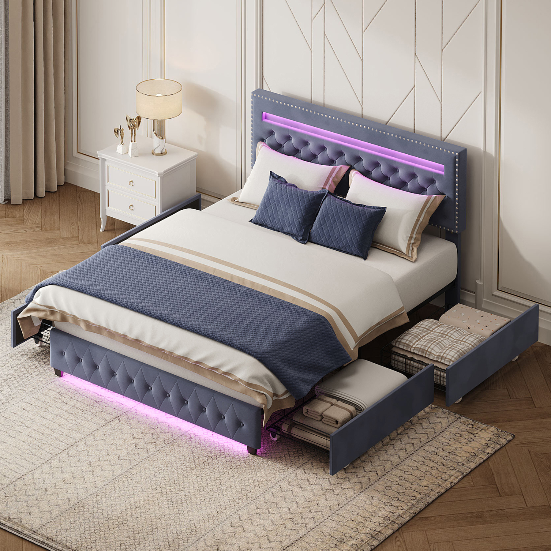 Susalt Queen Bed Frame with Headboard, with Adjustable Headboard, Upholstered Bed Frame with Storage and Entertainment RGB LED Lights, No Box Spring Needed