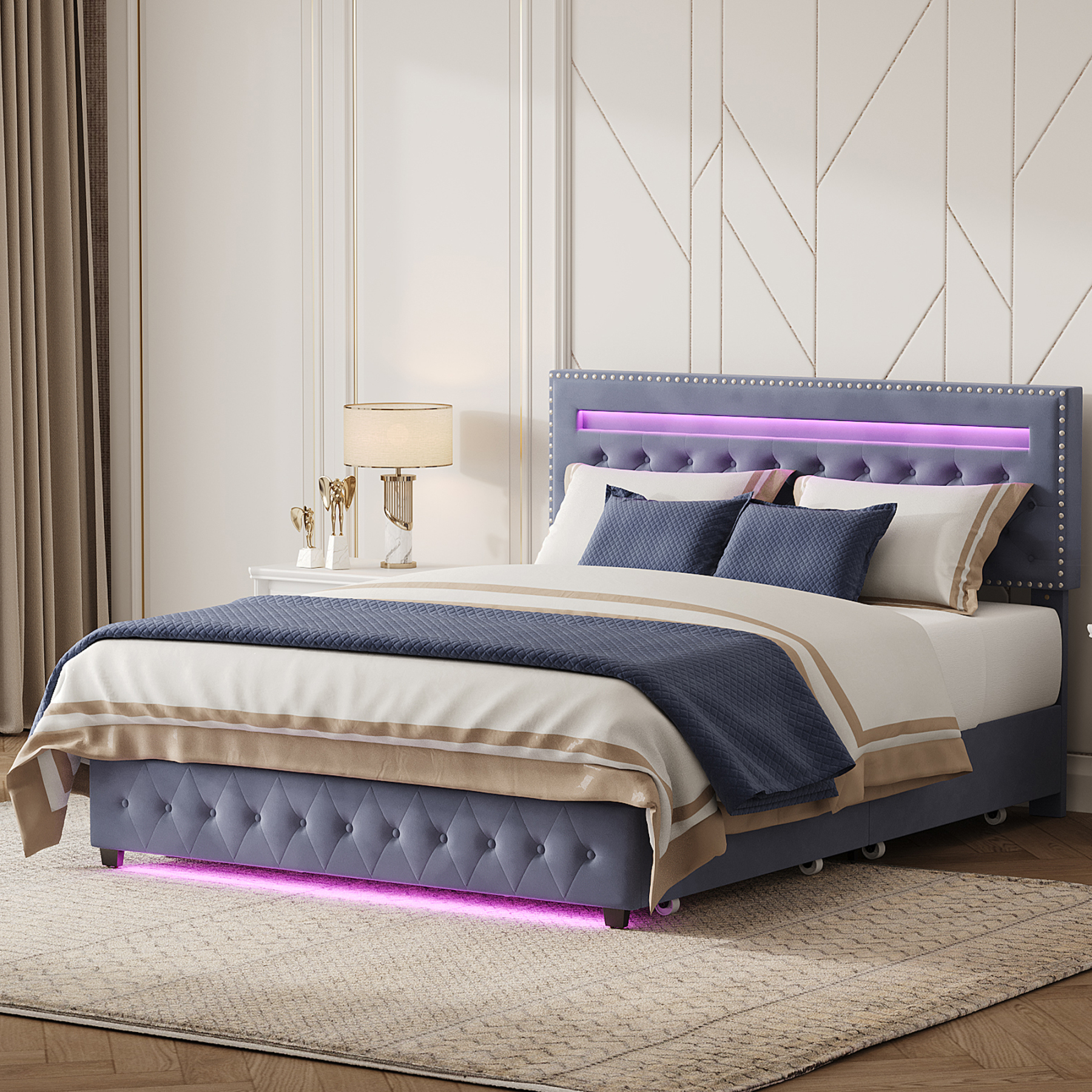 Susalt Queen Bed Frame with Headboard, with Adjustable Headboard, Upholstered Bed Frame with Storage and Entertainment RGB LED Lights, No Box Spring Needed