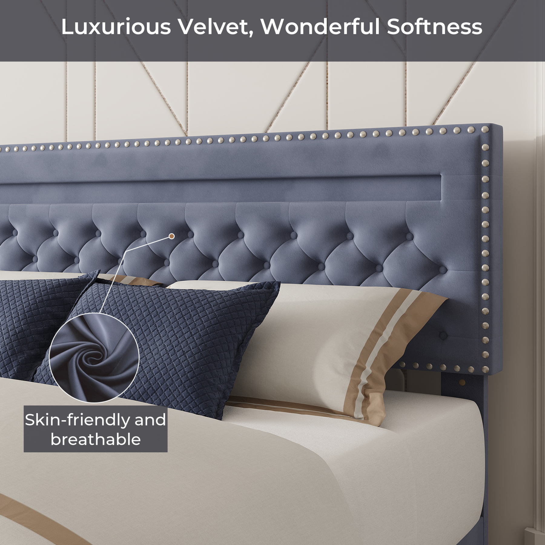 Susalt Queen Bed Frame with Headboard, with Adjustable Headboard, Upholstered Bed Frame with Storage and Entertainment RGB LED Lights, No Box Spring Needed