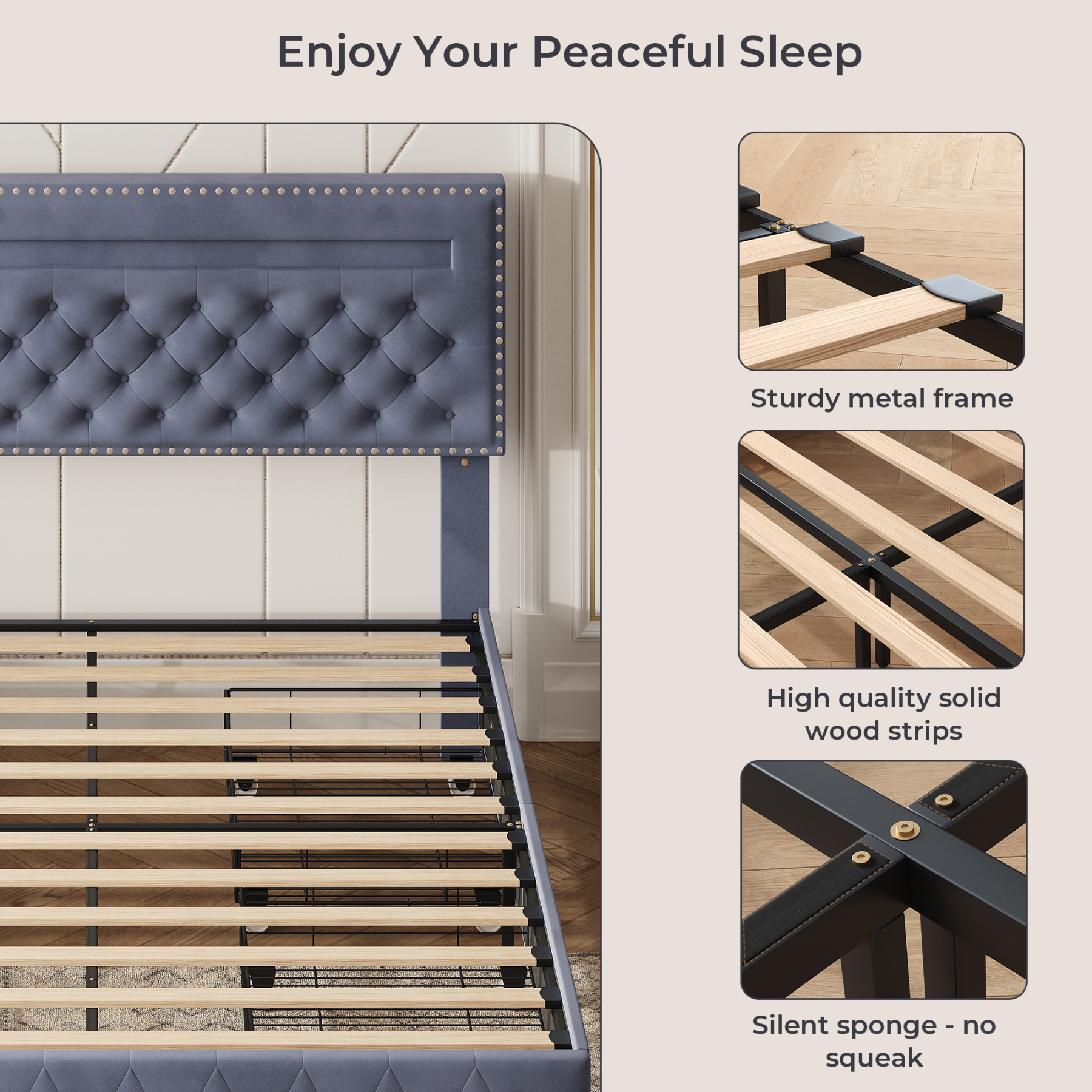 Susalt Queen Bed Frame with Headboard, with Adjustable Headboard, Upholstered Bed Frame with Storage and Entertainment RGB LED Lights, No Box Spring Needed