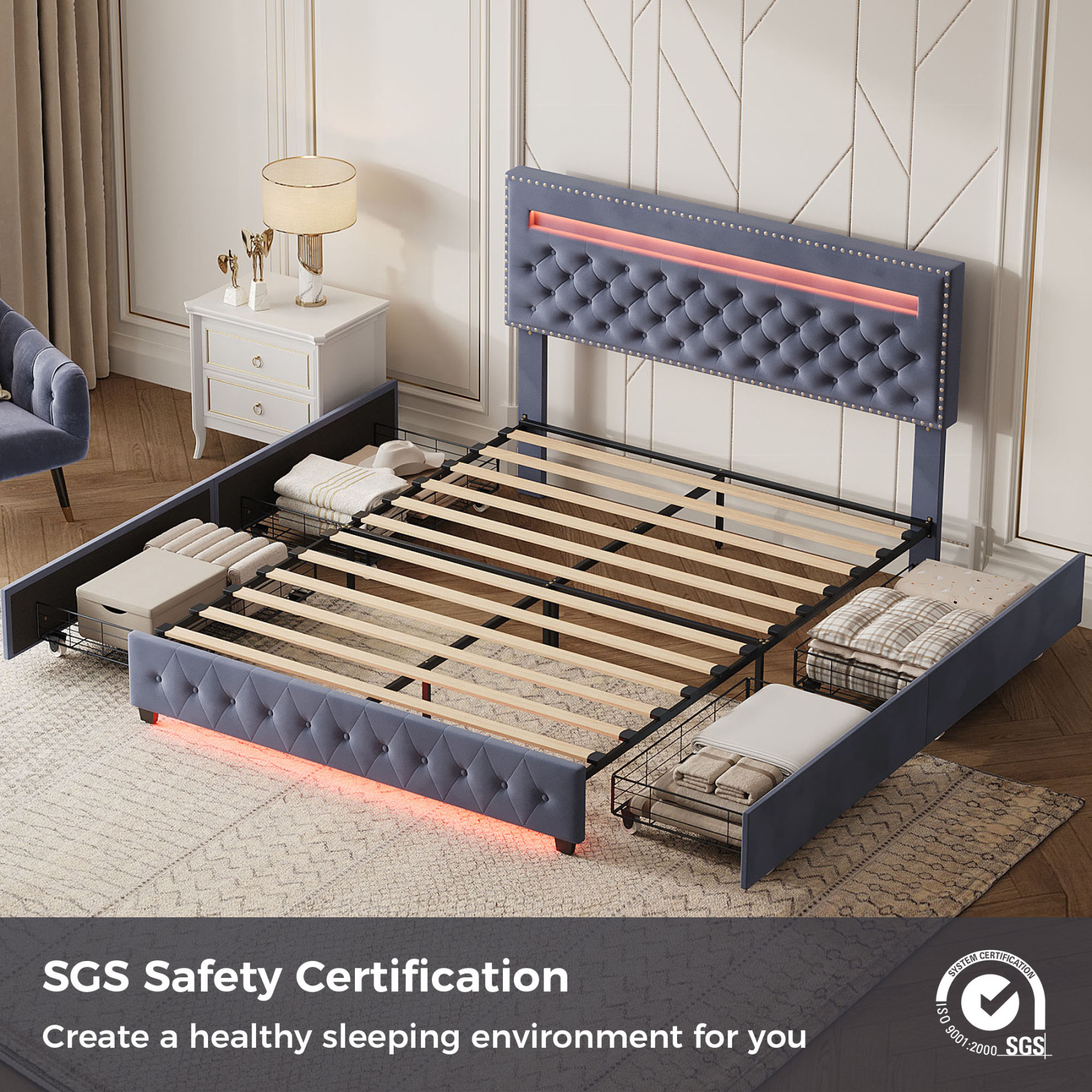 Susalt Queen Bed Frame with Headboard, with Adjustable Headboard, Upholstered Bed Frame with Storage and Entertainment RGB LED Lights, No Box Spring Needed