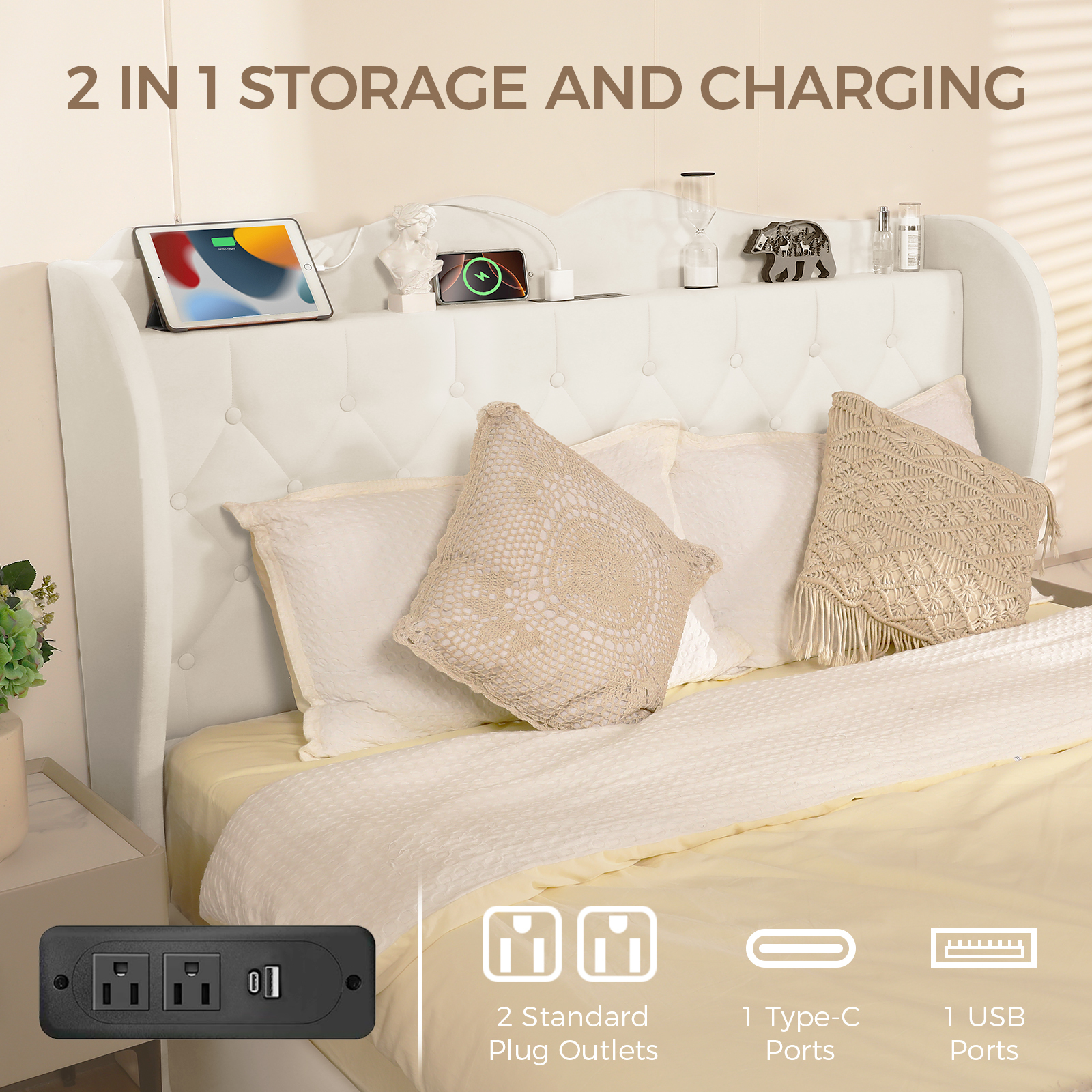 Susalt Full Size Bed Frame with Headboard, Upholstered Platform Bed Frame with Storage Drawers, with Charging Station, No Box Spring Needed, Beige