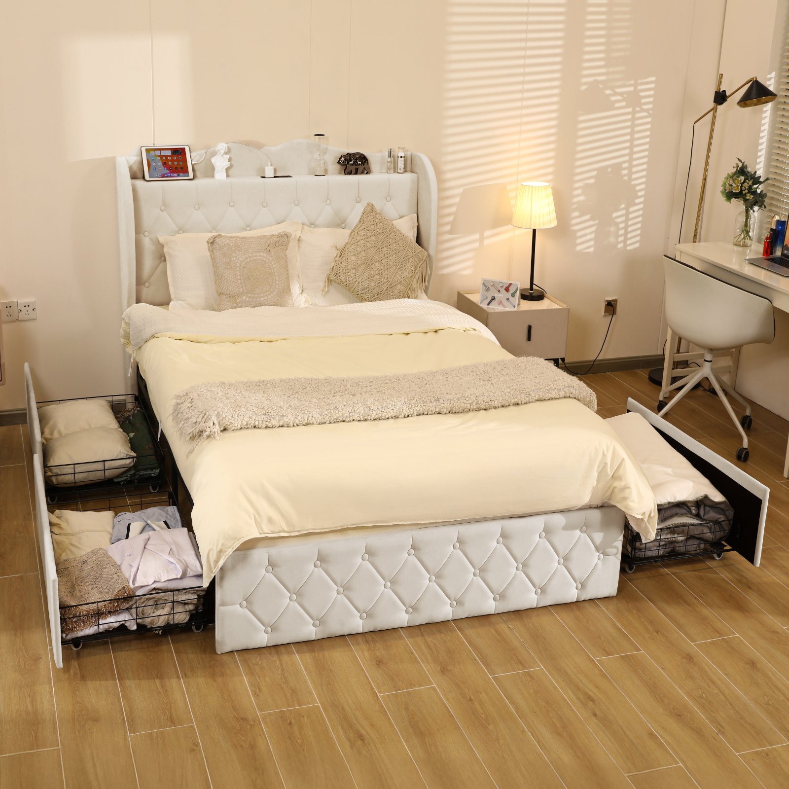 Susalt Full Size Bed Frame with Headboard, Upholstered Platform Bed Frame with Storage Drawers, with Charging Station, No Box Spring Needed, Beige