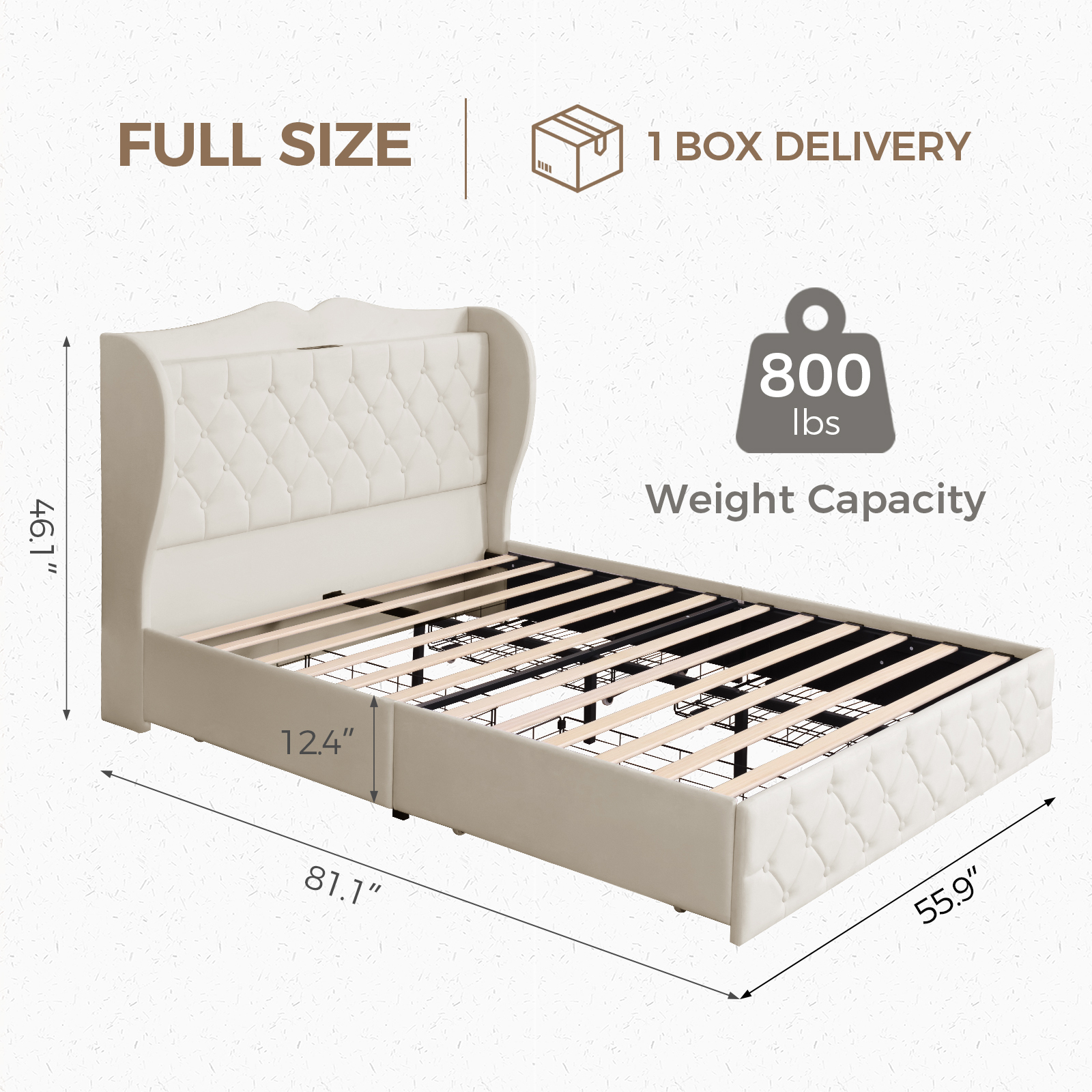 Susalt Full Size Bed Frame with Headboard, Upholstered Platform Bed Frame with Storage Drawers, with Charging Station, No Box Spring Needed, Beige