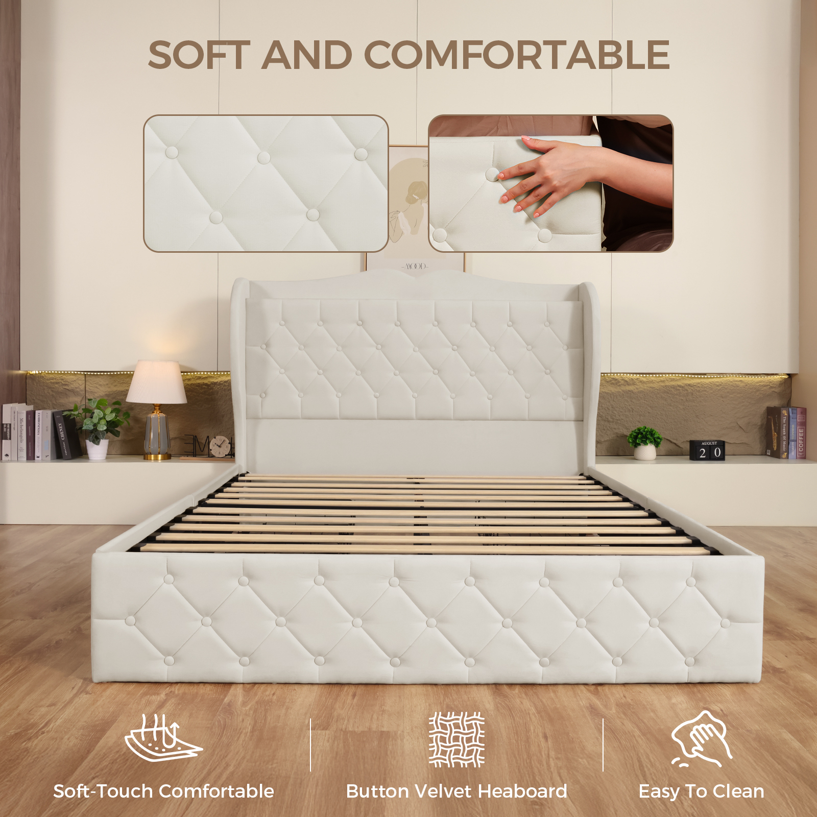 Susalt Full Size Bed Frame with Headboard, Upholstered Platform Bed Frame with Storage Drawers, with Charging Station, No Box Spring Needed, Beige