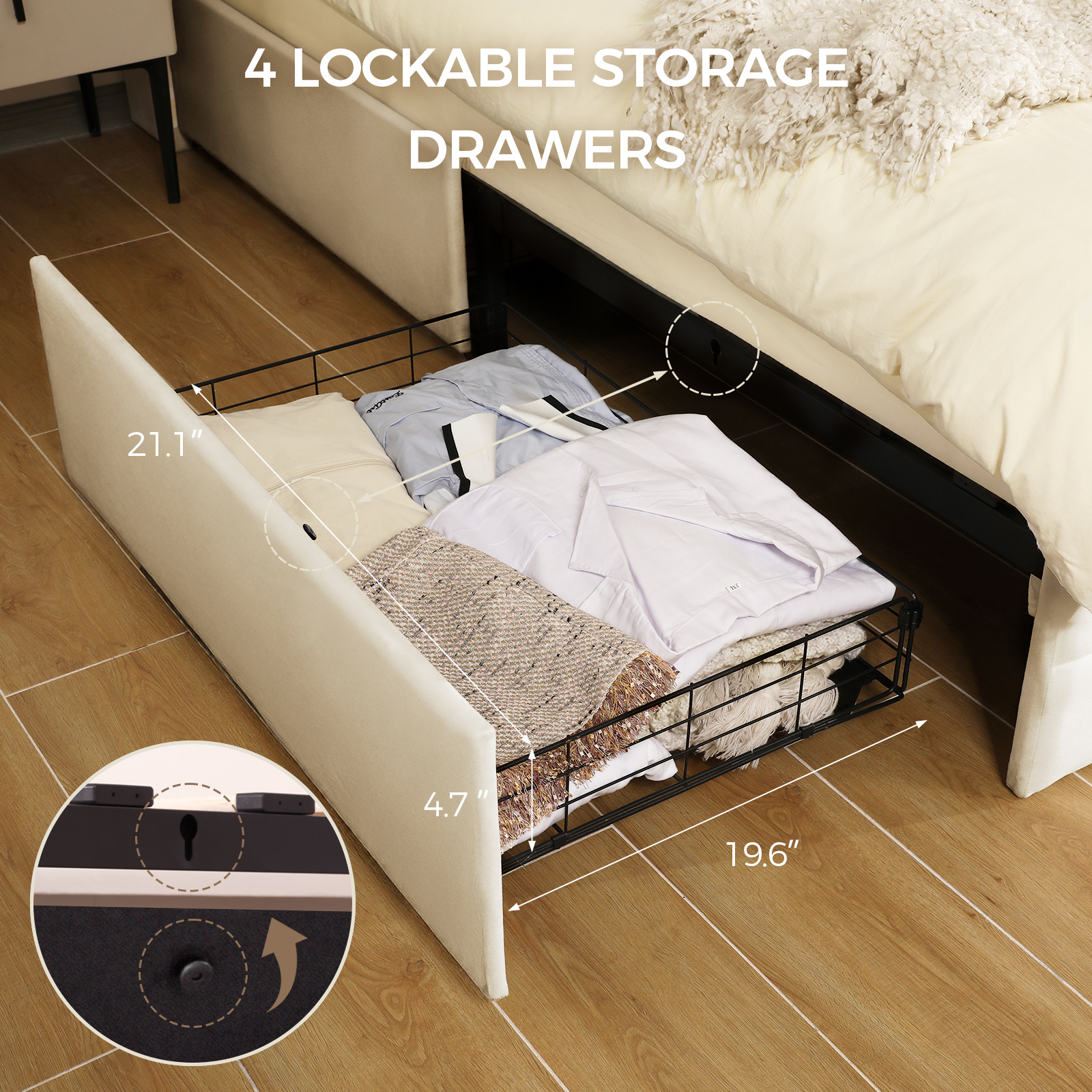 Susalt Full Size Bed Frame with Headboard, Upholstered Platform Bed Frame with Storage Drawers, with Charging Station, No Box Spring Needed, Beige