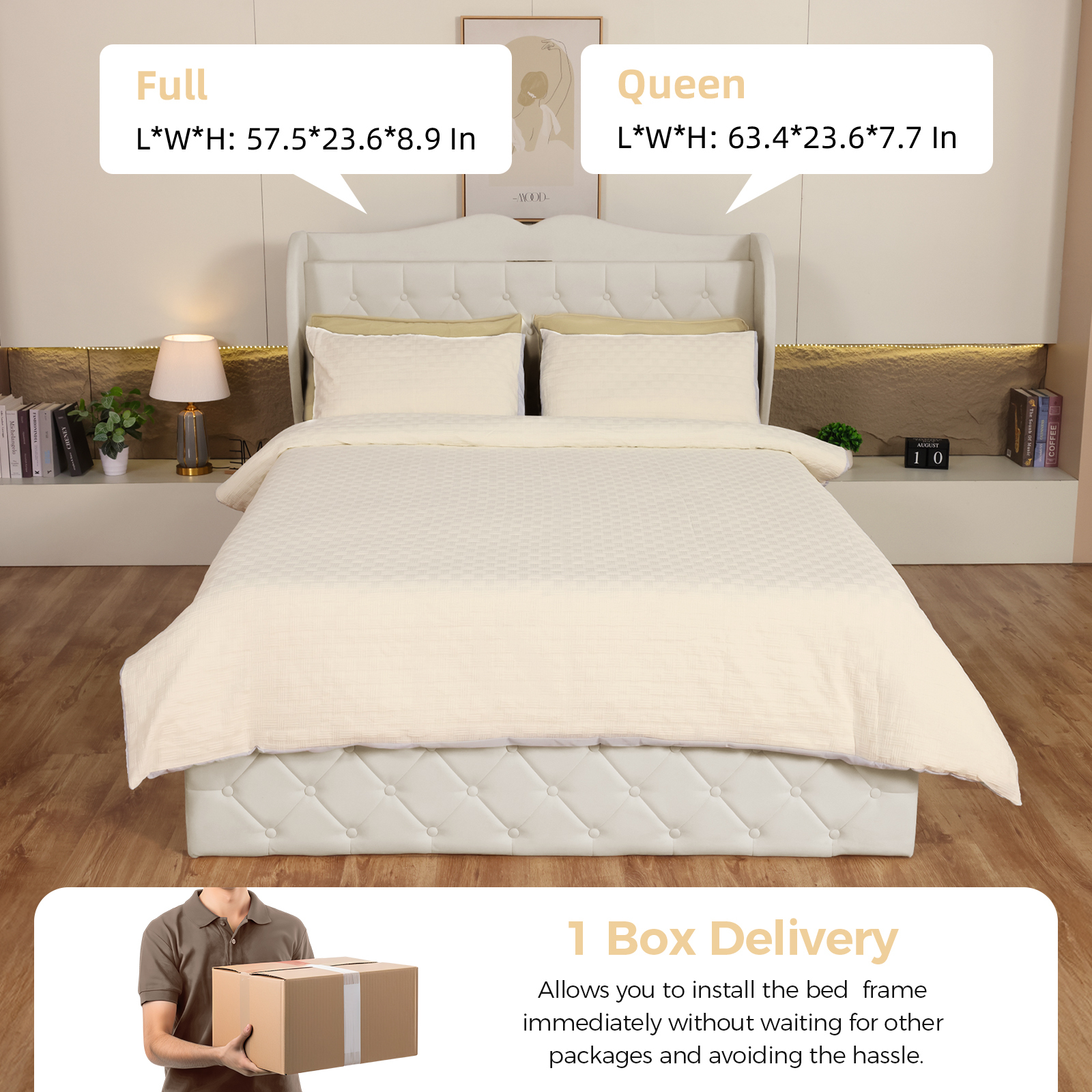 Susalt Full Size Bed Frame with Headboard, Upholstered Platform Bed Frame with Storage Drawers, with Charging Station, No Box Spring Needed, Beige