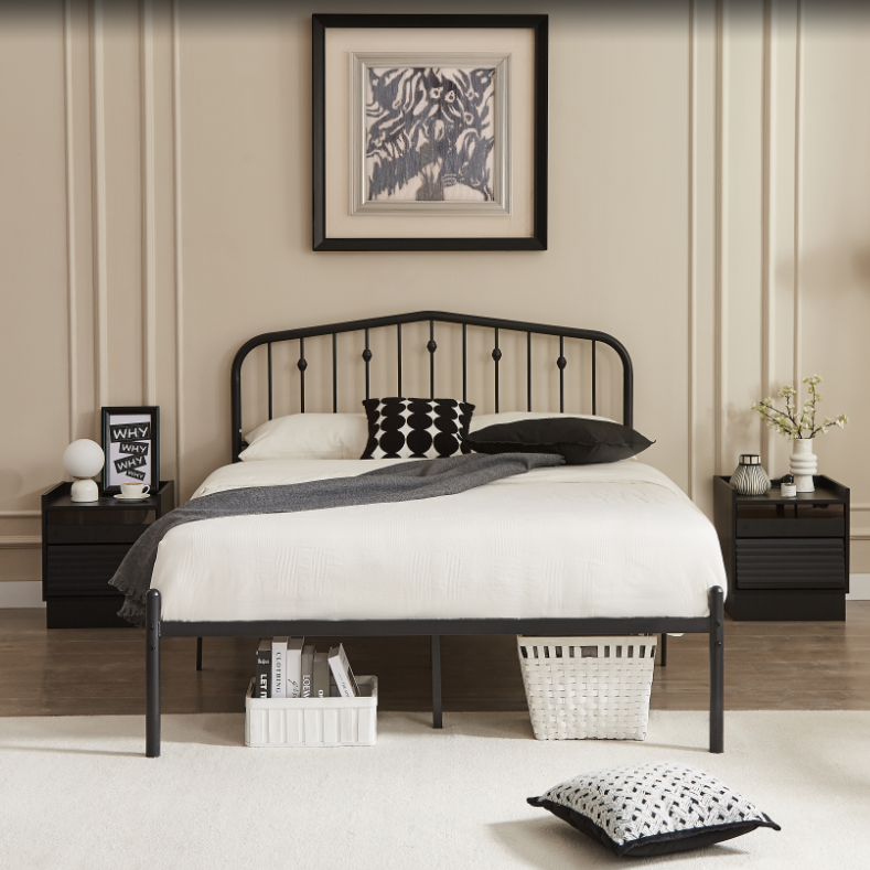 Queen Bed Frames Metal Platform Bed with Victorian Style Wrought Iron Headboard, Easy Assembly Black Bed with 1000lbs Capacity, No Box Spring Needed, Noise Free