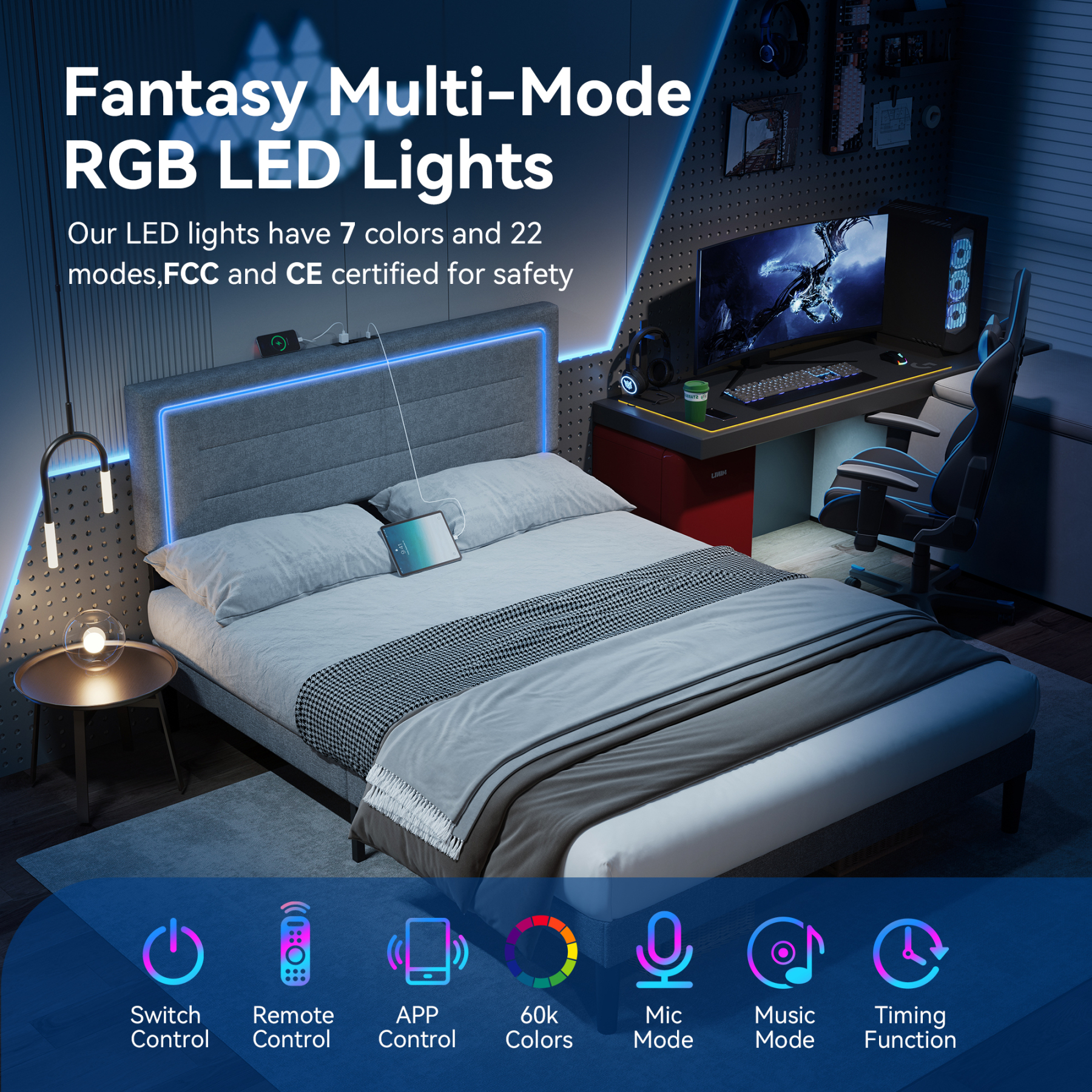 Sailvan Queen Bed Frame with LED Lights and Headboard,Upholstered Platform Bed Frame Queen Size with USB Charging Station,No Box Spring Needed,Sturdy Frame and Noise Free,Grey