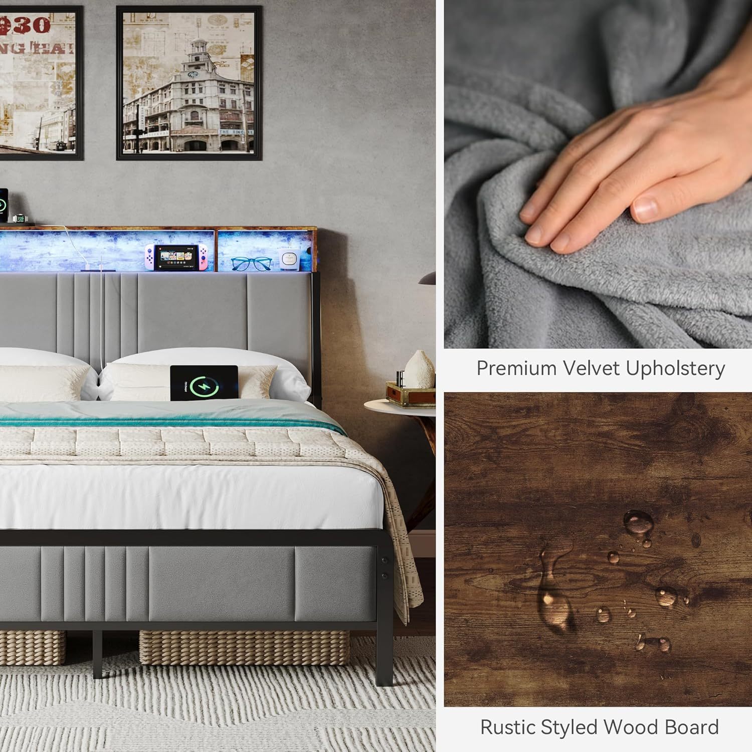 Susalt Bed Frame with Headboard, Velvet Upholstered Platform Bed with USB Charging, LED Lights and Underbed Storage, No Box Spring Needed, Gray