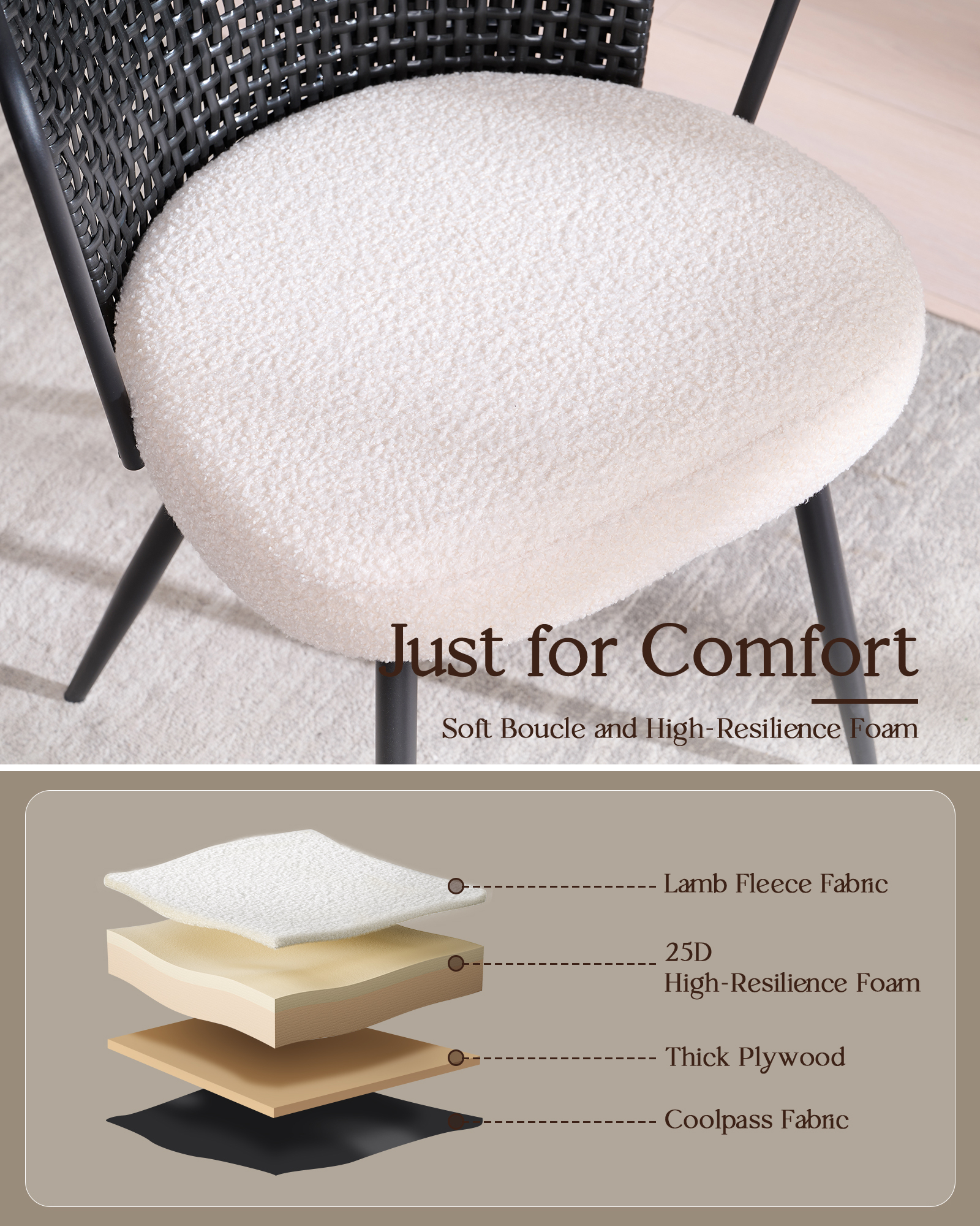 Dining Chair Set of 4, Upholstered Kitchen & Dining Room Chairs Tufted Accent Chairs with Rattan Backrest & Lamb Fleece Fabric Cushion, Wingback Dining Room Seat