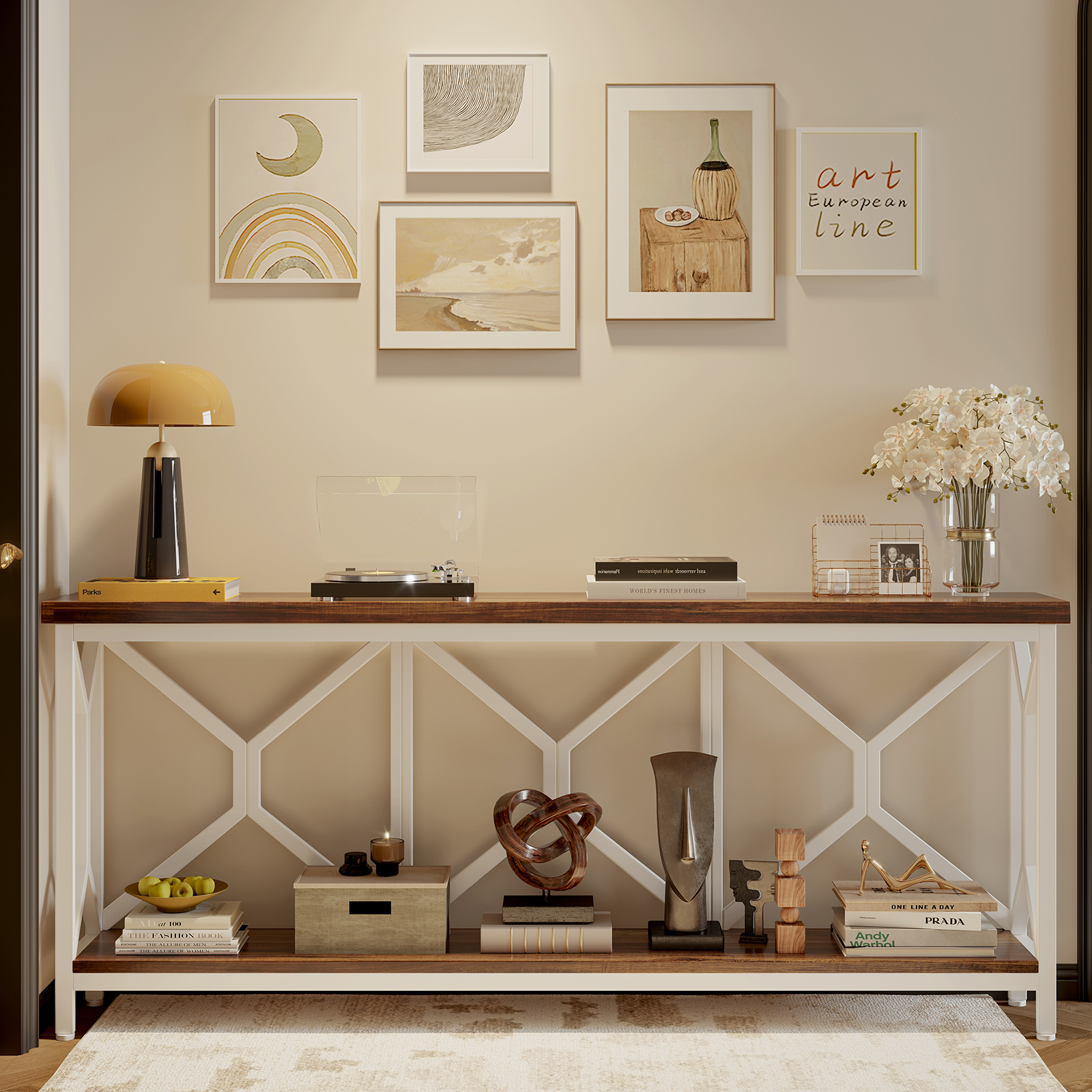 Sailvan 70.9" Extra Long Entryway Table, Narrow Wood Industria Console Table Behind Couch with Large Storage Space, Thick Sofa Table for Hallway, Entryway, Living Room, Foyer, Walnut and White