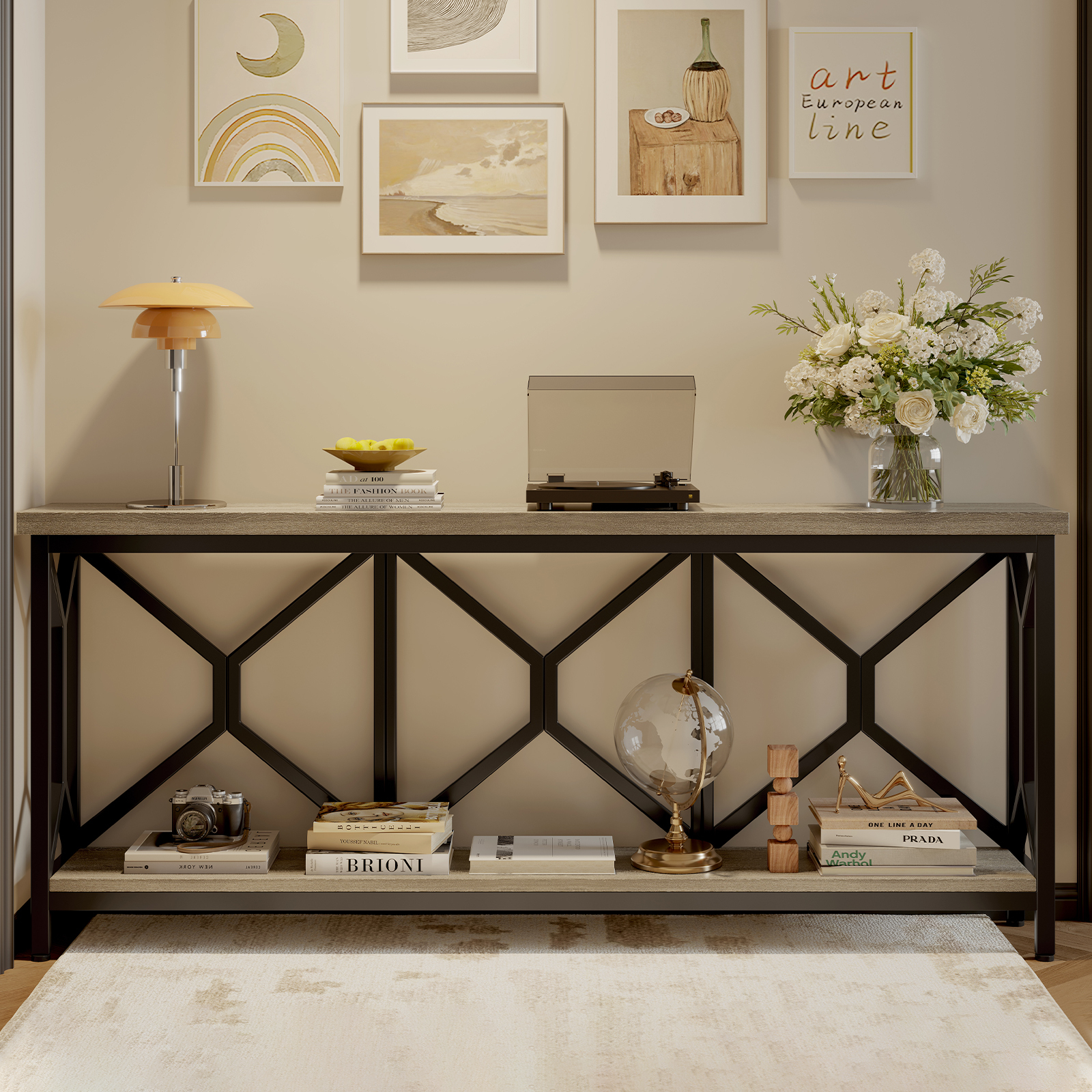 Sailvan 70.9" Extra Long Entryway Table, Narrow Wood Industria Console Table Behind Couch with Large Storage Space, Thick Sofa Table for Hallway, Entryway, Living Room, Foyer, Walnut and White