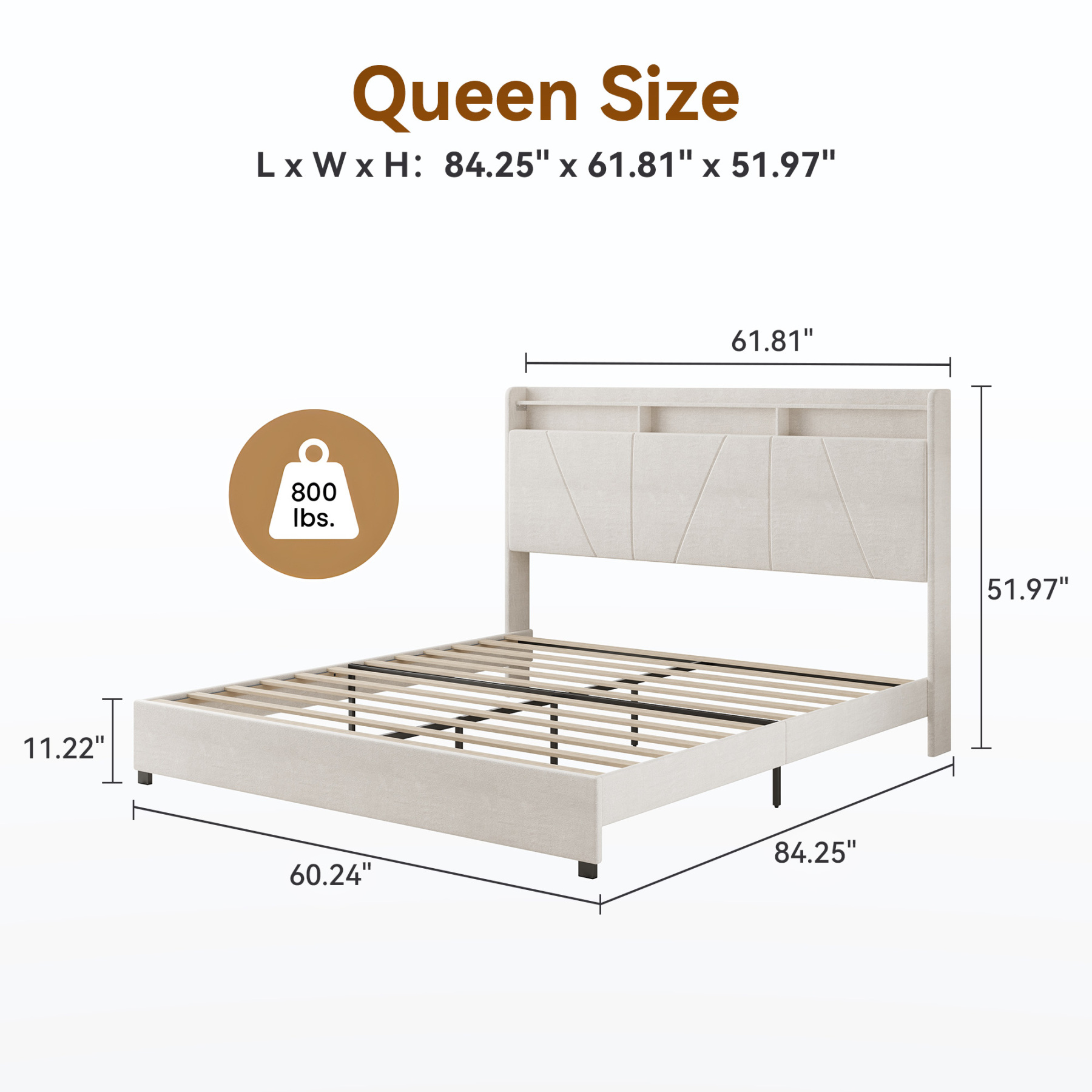 Sailvan Queen Size Bed Frame Upholstered Platform Queen Size Bed Frame with 52" Velvet Tall Headboard Wingback,No Box Spring Needed, Noise Free/Easy Assembly, Beige