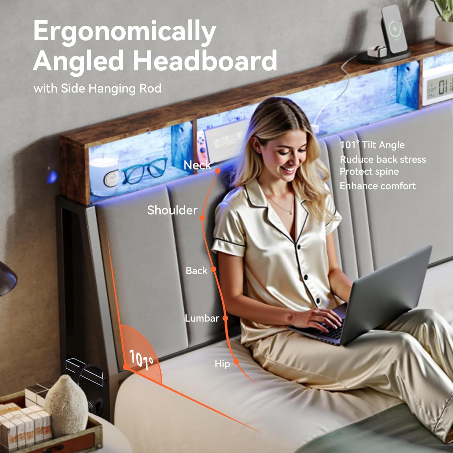 Susalt Bed Frame with Headboard, Velvet Upholstered Platform Bed with USB Charging, LED Lights and Underbed Storage, No Box Spring Needed, Gray