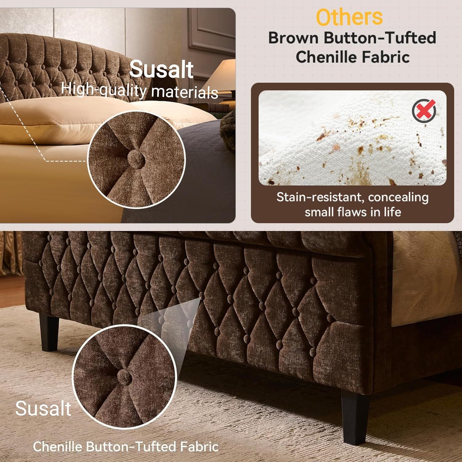 Susalt Queen Size Platform Bed Frame, Chenille Upholstered Sleigh Bed Frame with Scroll Footboard, Button Tufted/Wood Slats Support/No Box Spring Needed