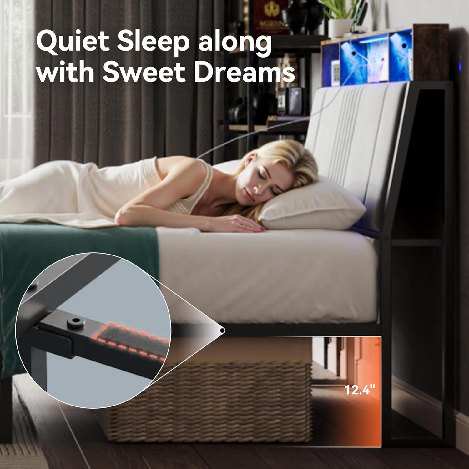 Susalt Bed Frame with Headboard, Velvet Upholstered Platform Bed with USB Charging, LED Lights and Underbed Storage, No Box Spring Needed, Gray