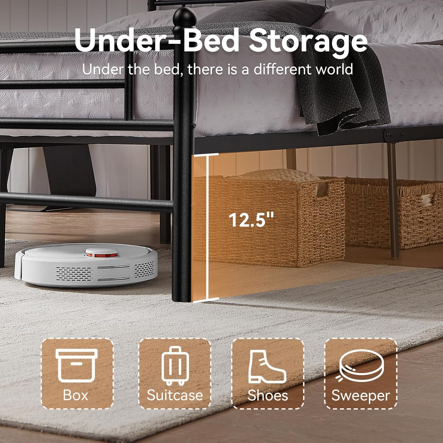 Sailvan Bed Frame, Heavy-duty Metal Bed Frames with Headboard, No Box Spring Needed, Black