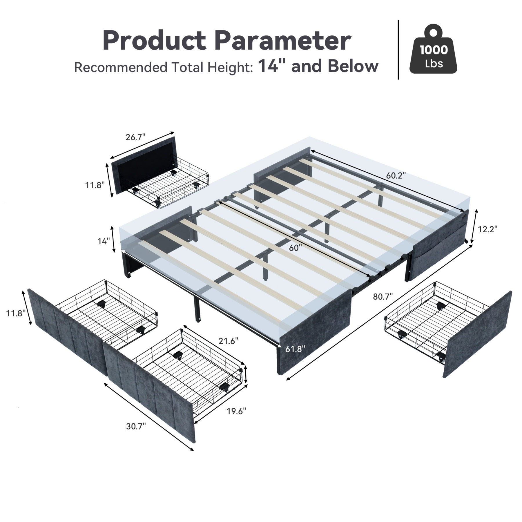 Queen Bed Frame with 4 Storage Drawers & Charging Station, Heavy Duty Wood Beds for Dorms Apartment, Easy Assembly Gray Bed with 1000lbs Capacity, No Box Spring Needed, Noise Free