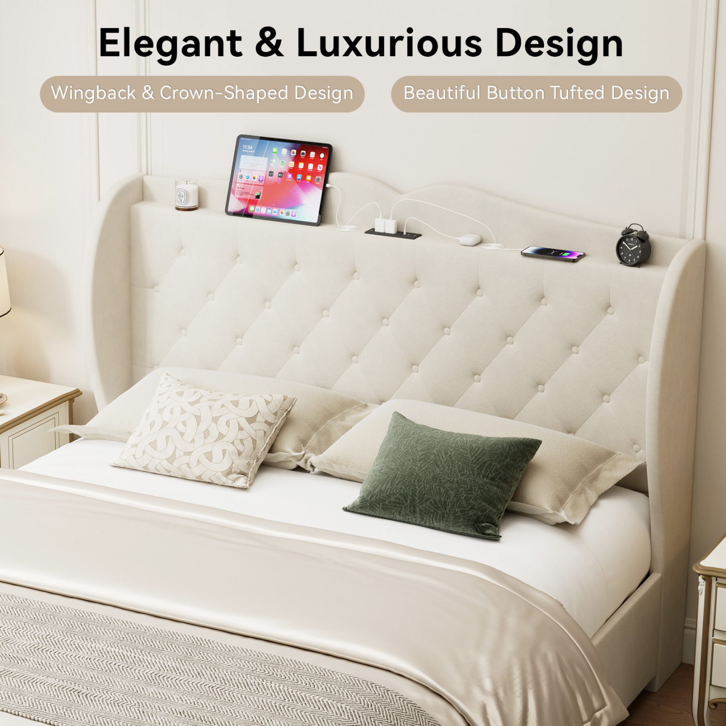 Sailvan Queen Bed Frame with Tall Wingback Headboard,Upholstered Platform Bed Frame with Charging Station, 4 Storage Drawers, Button Tufted, Easy Assembly, No Box Spring Needed, Beige