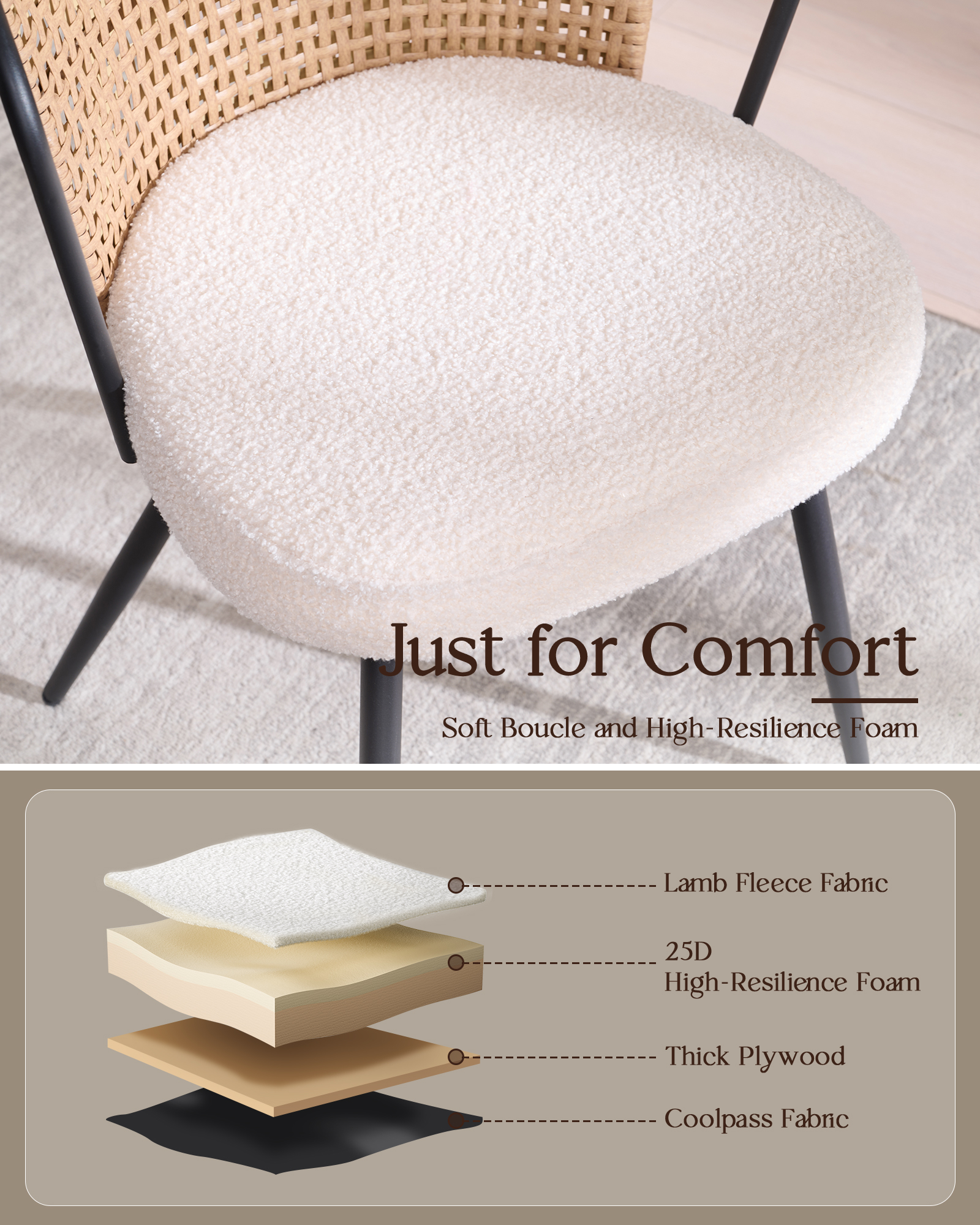 Sailvan Dining Chair Set, Upholstered Kitchen & Dining Room Chairs Tufted Accent Chairs with Rattan Backrest & Lamb Fleece Fabric Cushion, Wingback Dining Room Seat, Brown