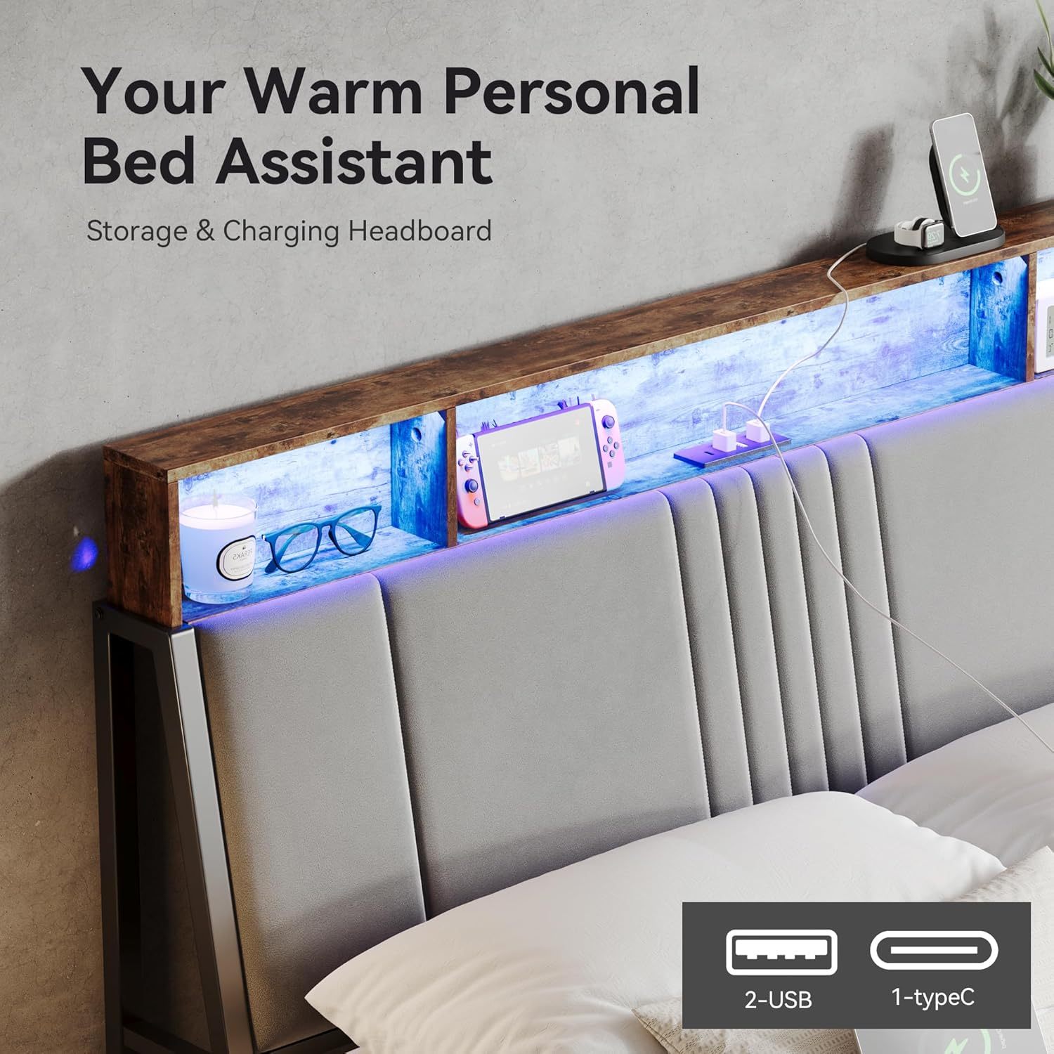Susalt Bed Frame with Headboard, Velvet Upholstered Platform Bed with USB Charging, LED Lights and Underbed Storage, No Box Spring Needed, Gray