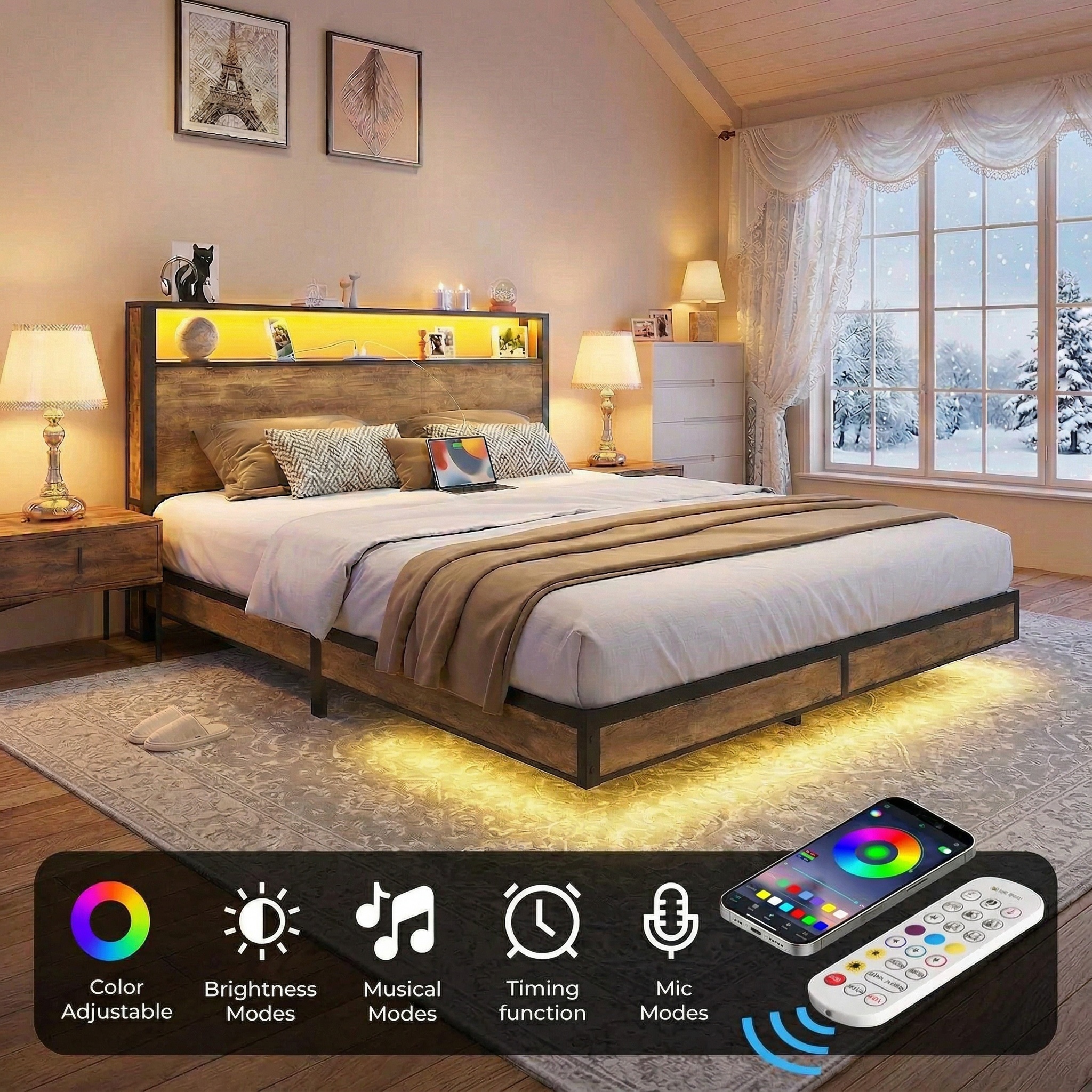Sailvan Bed Frame, Platform Bed Frame with Headboard and Storage Shelves, LED Light with Metal Slats, Outlets & USB, Dark Brown, Mattress Not Included