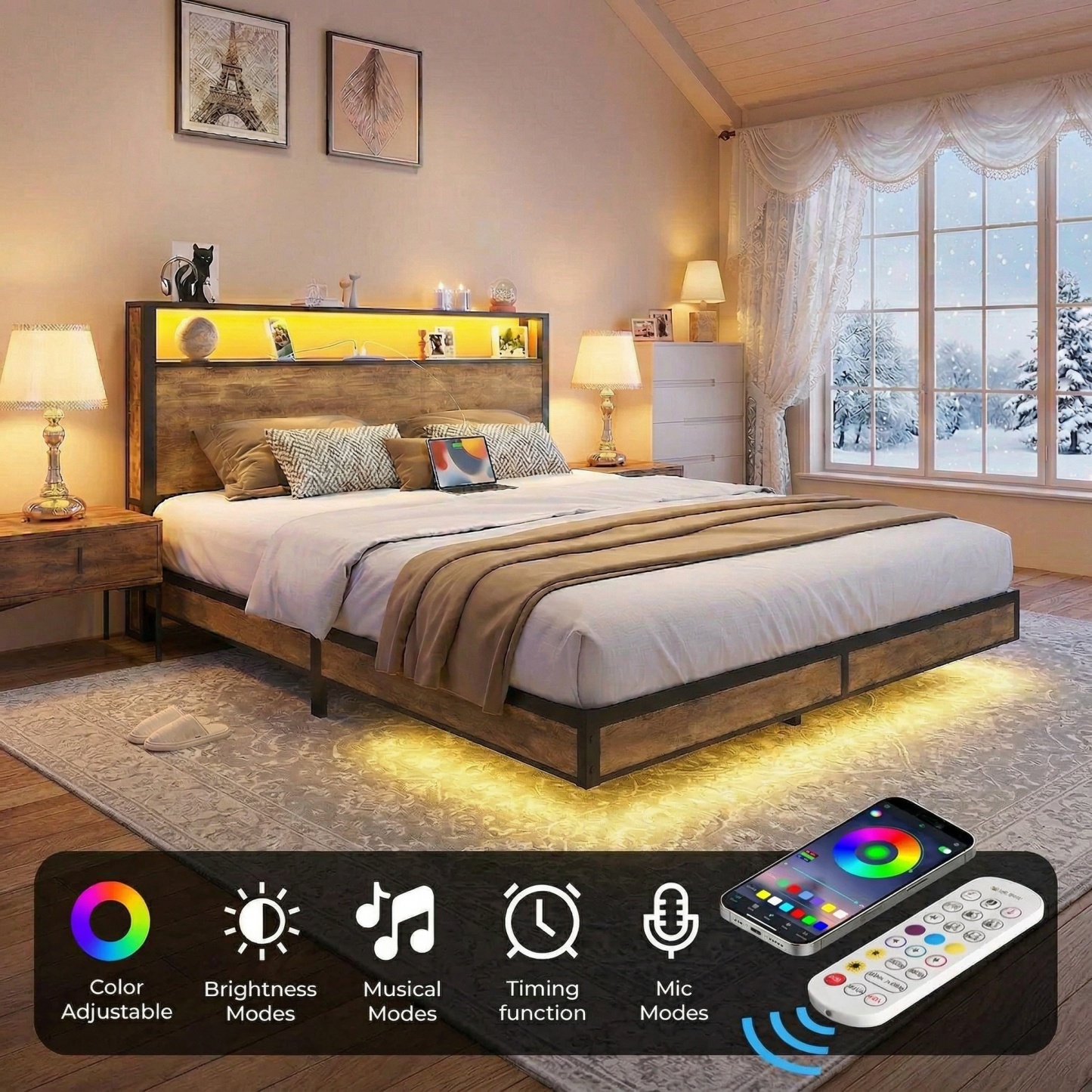 Sailvan Bed Frame, Platform Bed Frame with Headboard and Storage Shelves, LED Light with Metal Slats, Outlets & USB, Dark Brown, Mattress Not Included