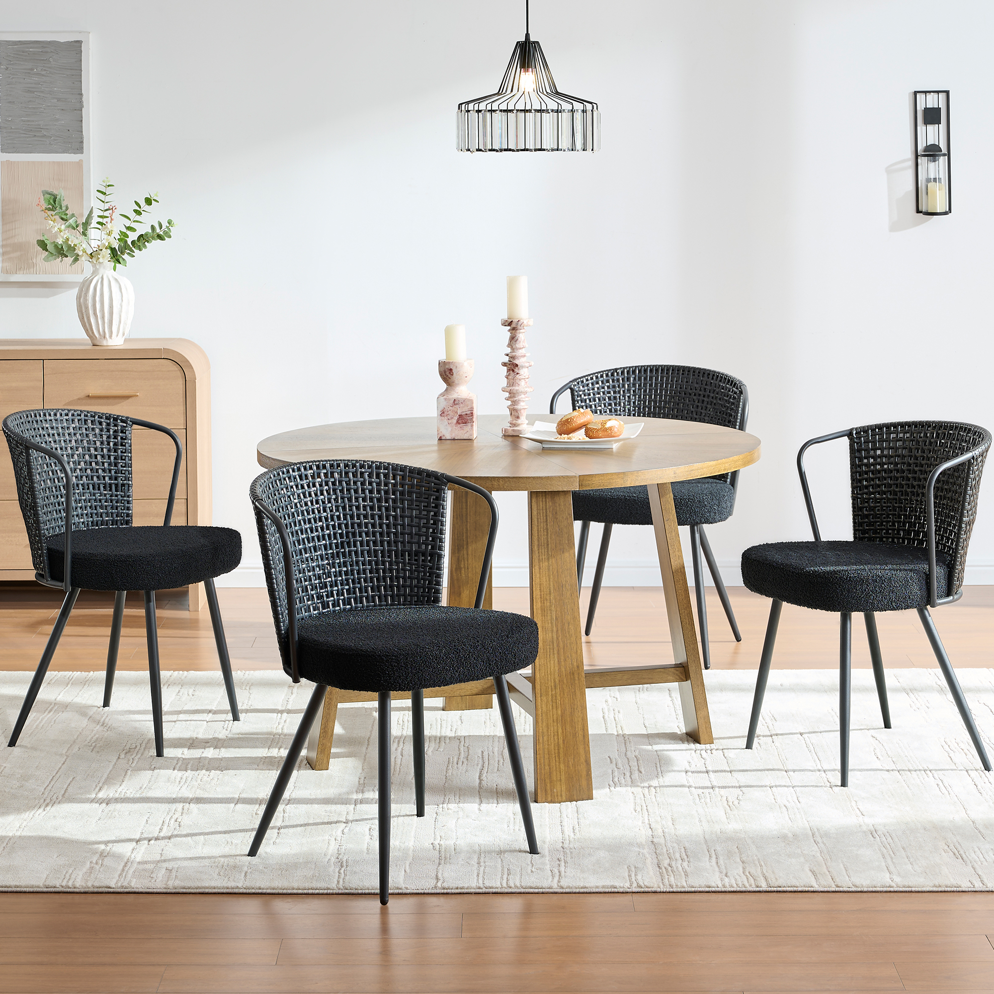 Sailvan Dining Chair Set, Accent Rattan Dining Room Chairs, Modern Kitchen Chairs with Lamb Fleece Cushion, Mid Century Style Living Room Chairs, Easy Assembly, Black